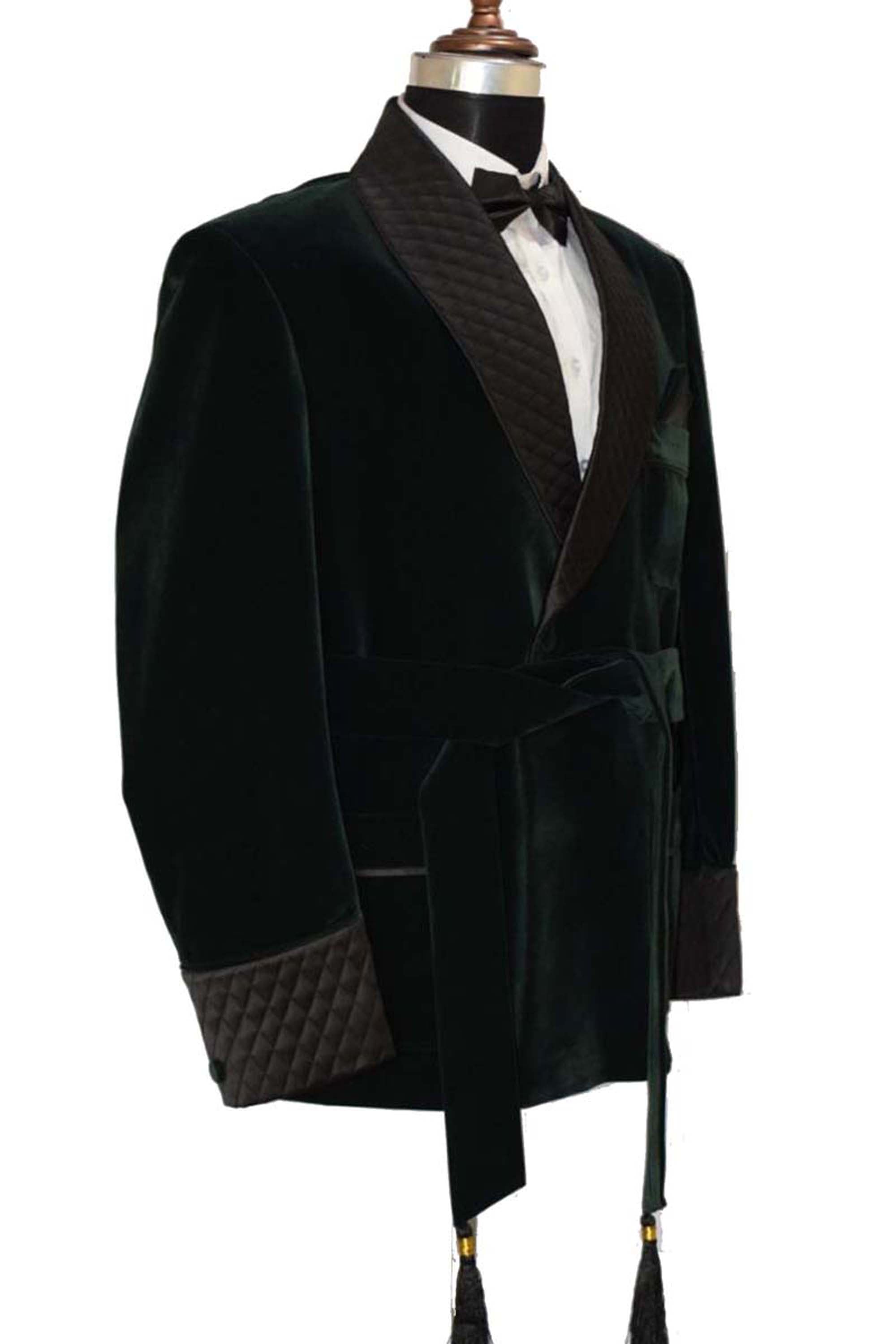 Men Green Smoking Jacket with Black Quilted Lapel, Cuffs With Belt