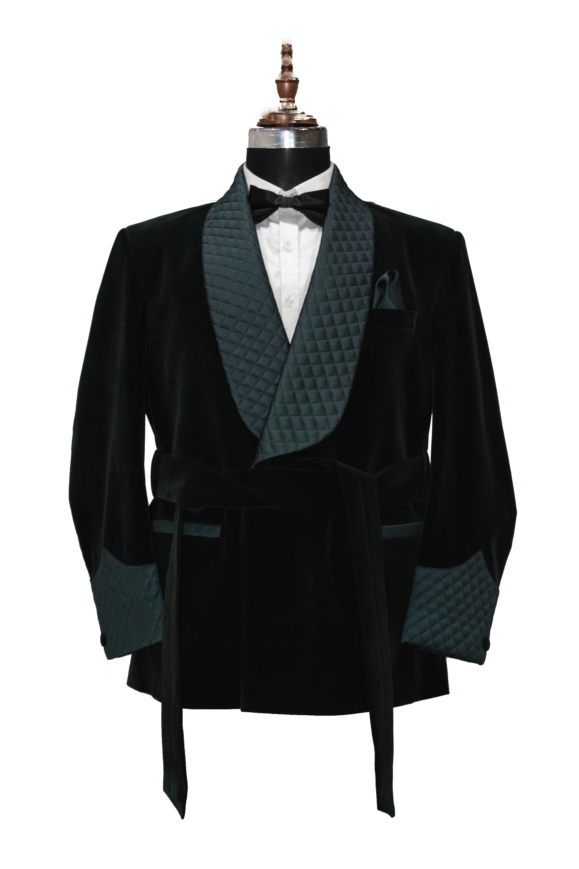 Men Green Smoking Jacket Quilted Lapel with Belt