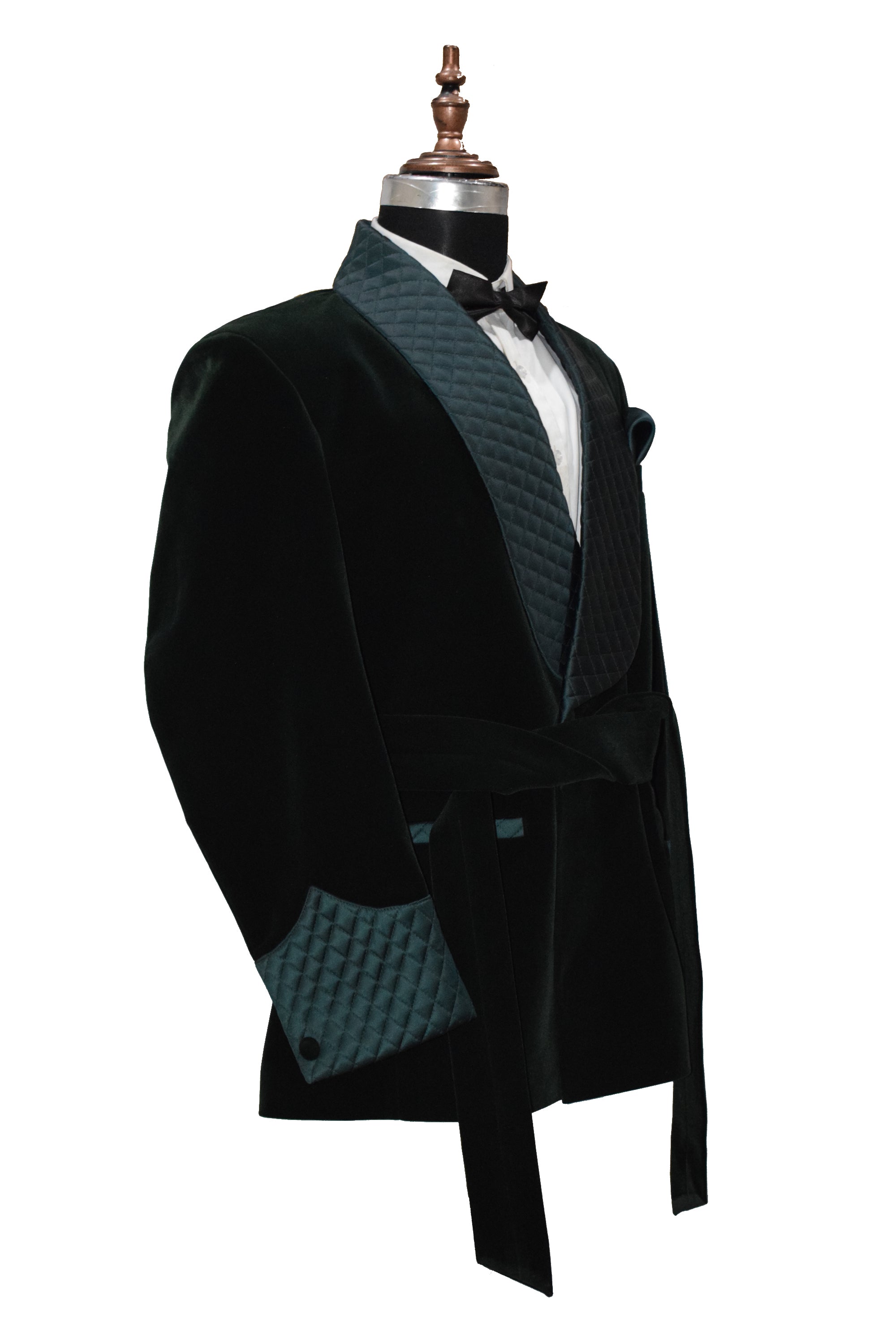 Men Green Smoking Jacket Quilted Lapel with Belt