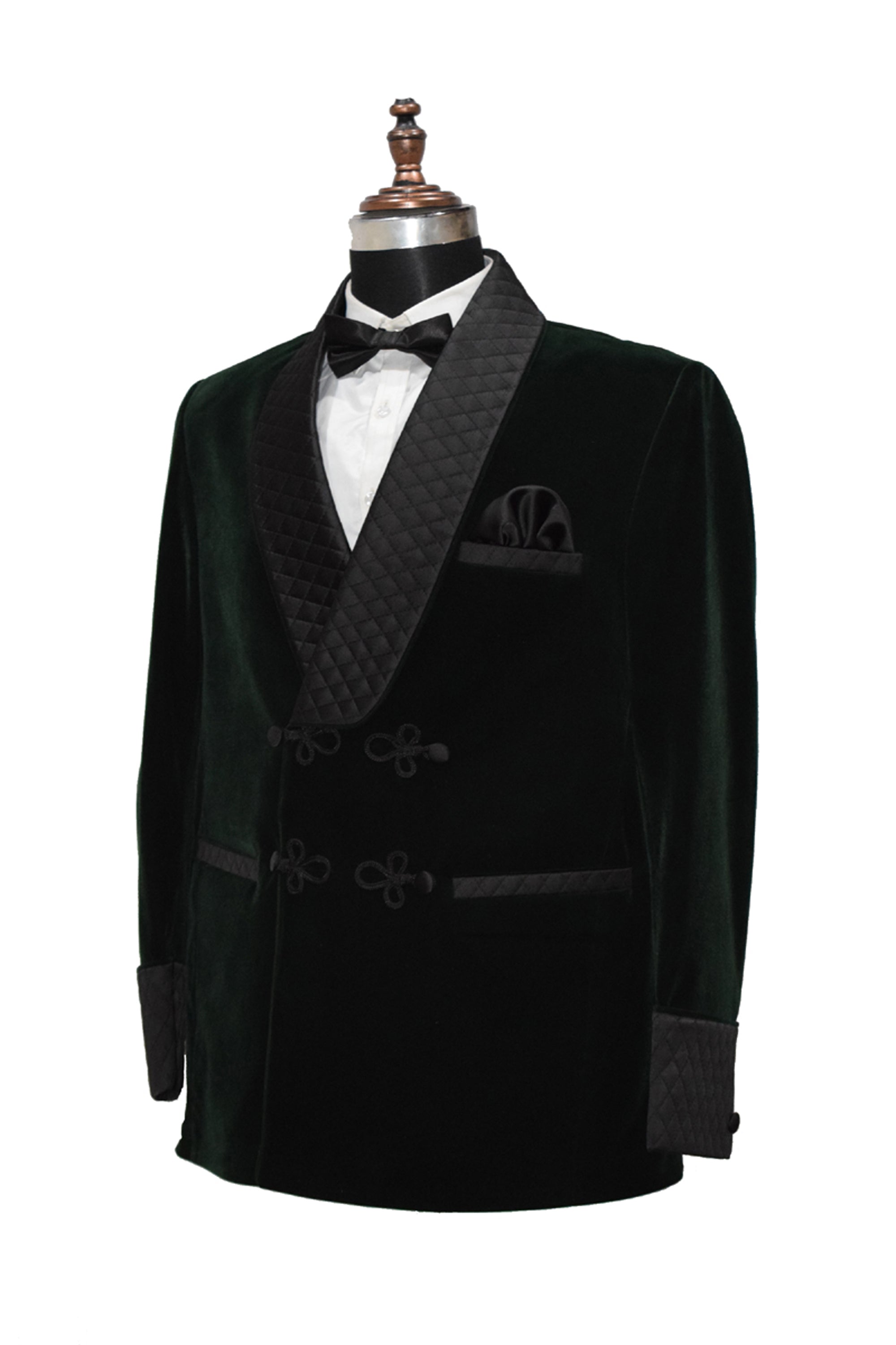 Men Green Velvet Smoking Quilted Jacket with Frog Closure