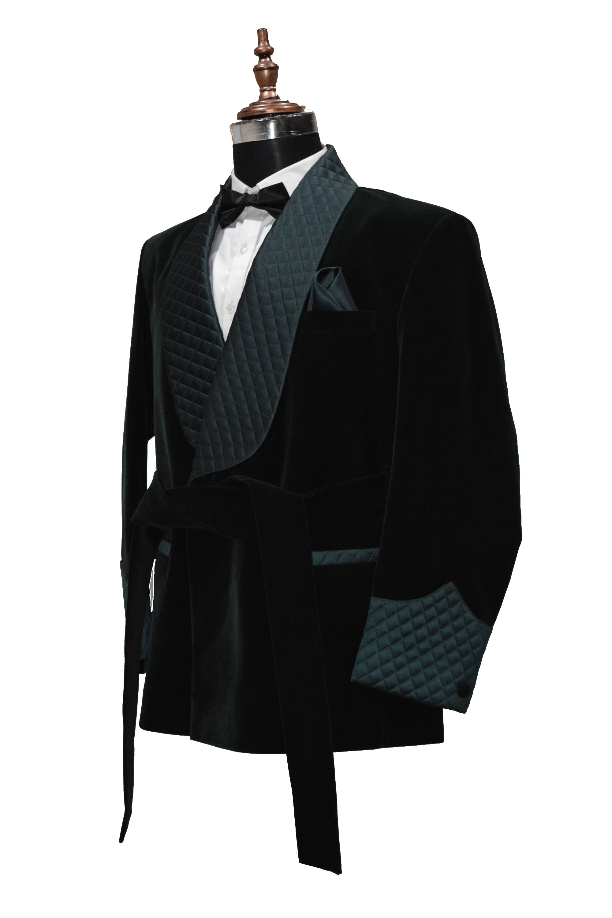 Men Green Smoking Jacket Quilted Lapel with Belt