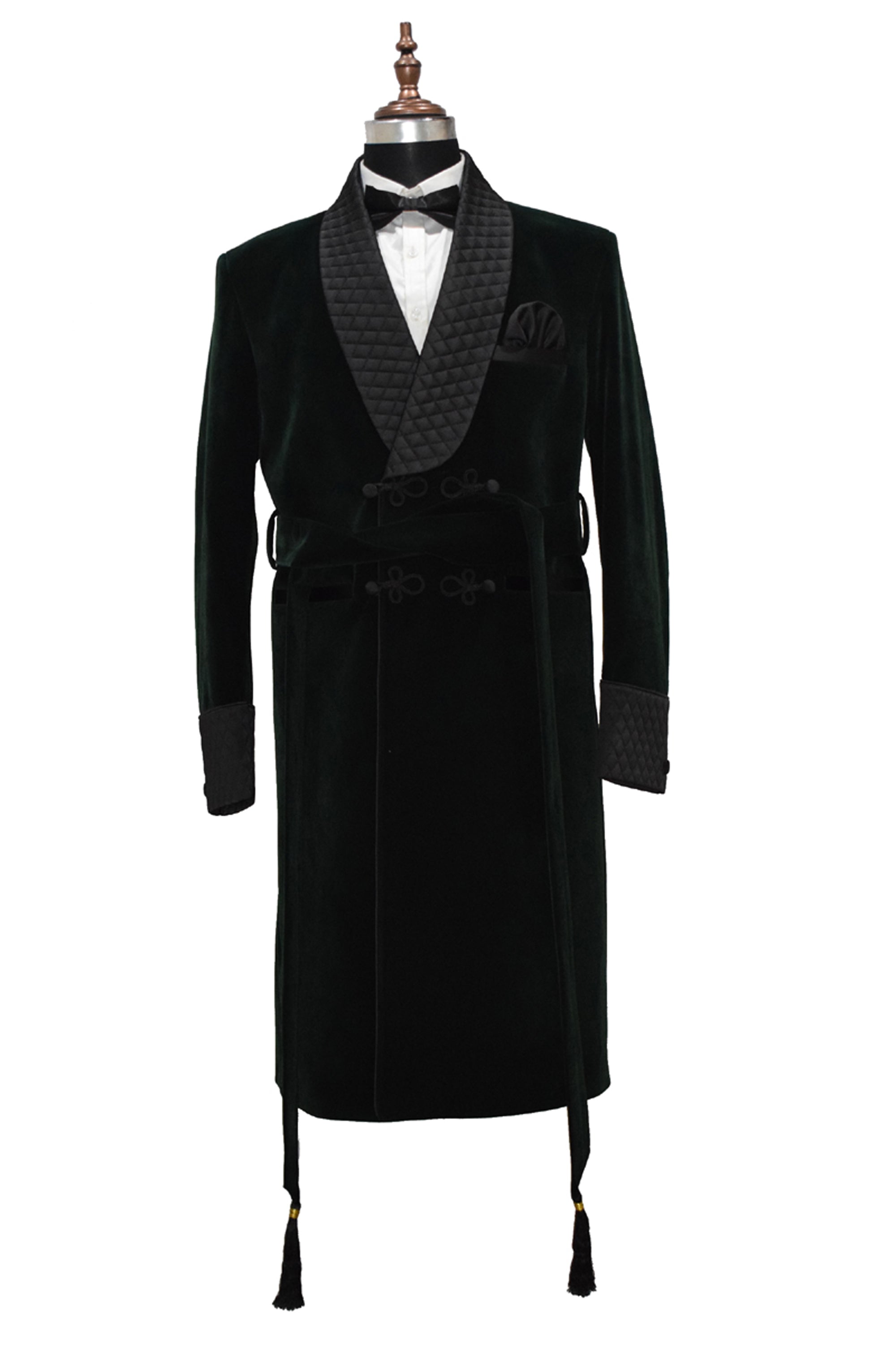 Men Green Velvet Smoking Jacket Long Coat Robe with Belt