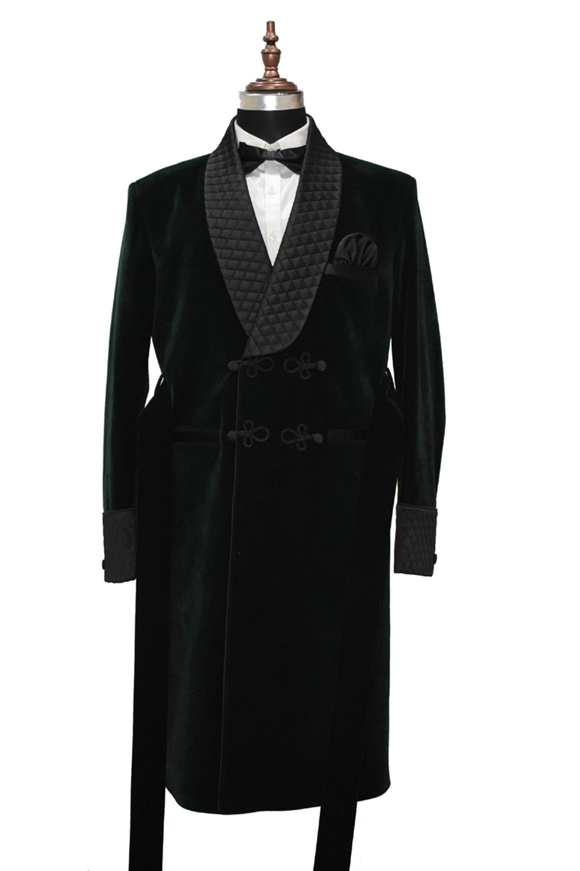 Men Green Velvet Smoking Jacket Long Coat Robe with Belt