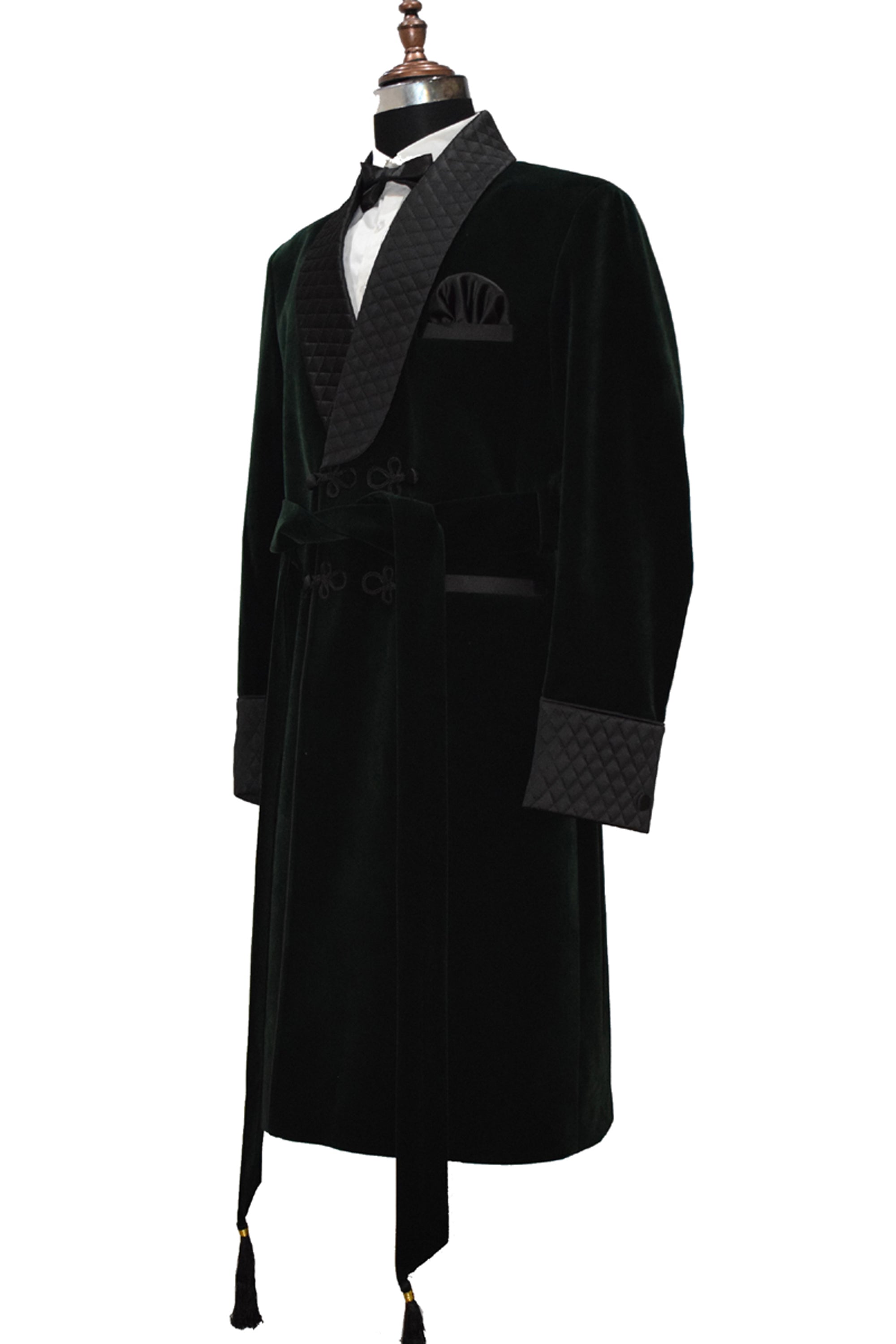 Men Green Velvet Smoking Jacket Long Coat Robe with Belt