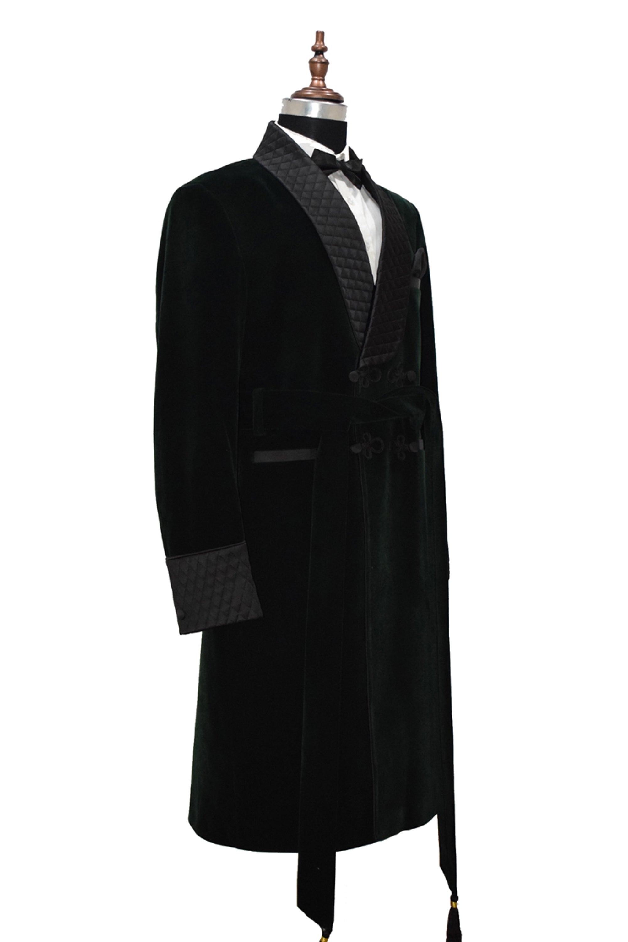 Men Green Velvet Smoking Jacket Long Coat Robe with Belt