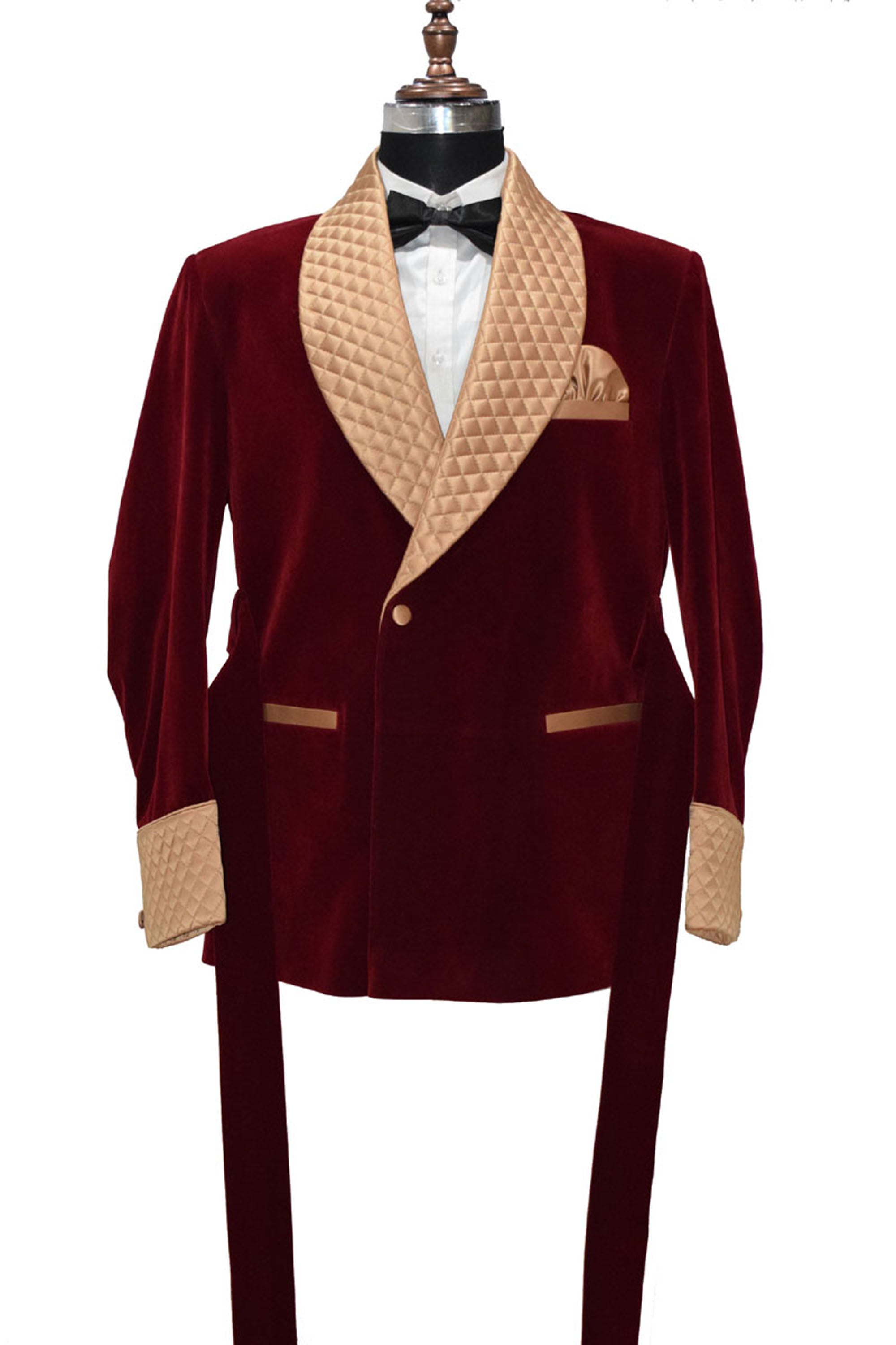 Men Maroon Smoking Jacket Quilted Lapel, Cuffs with Belt