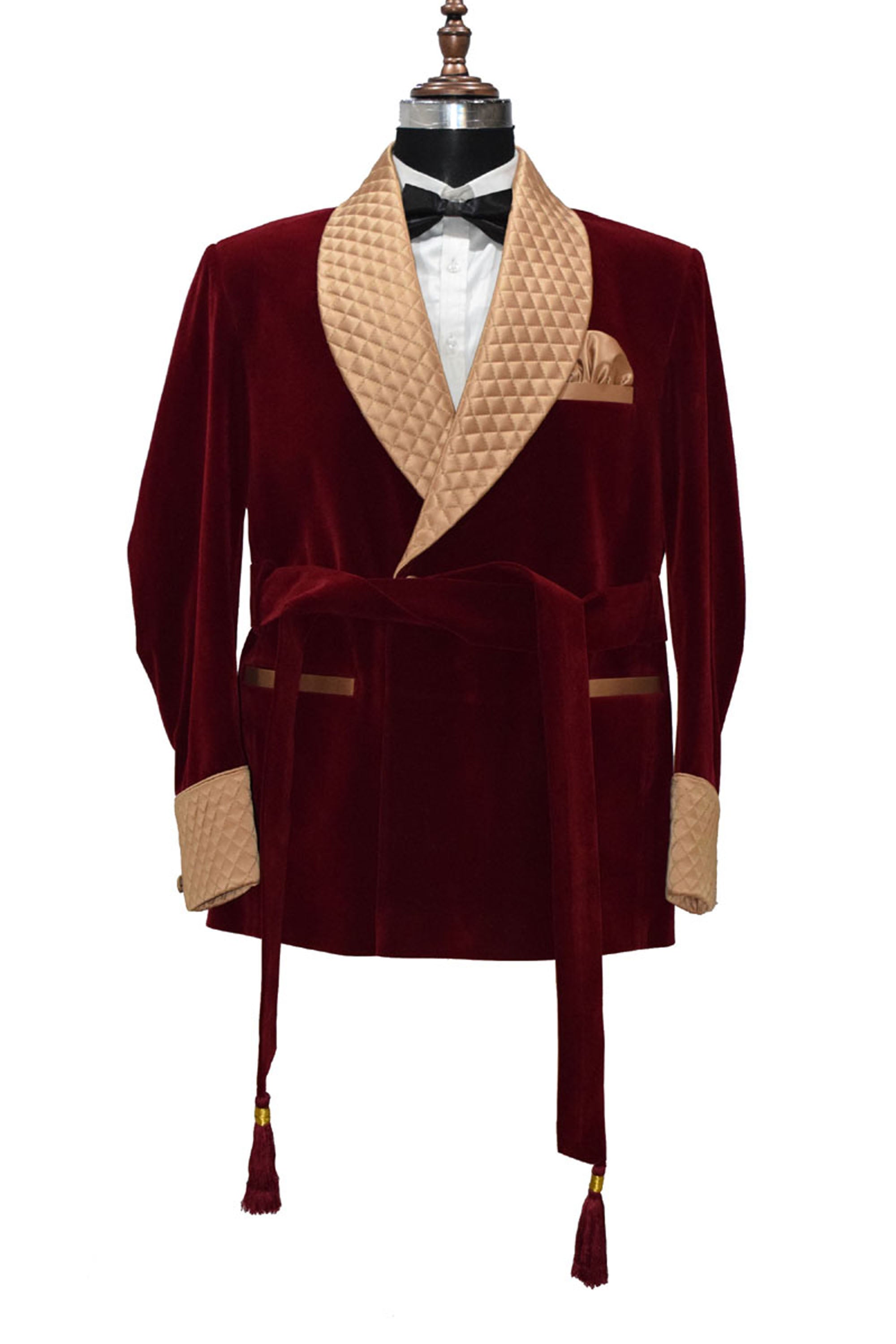 Men Maroon Smoking Jacket Quilted Lapel, Cuffs with Belt
