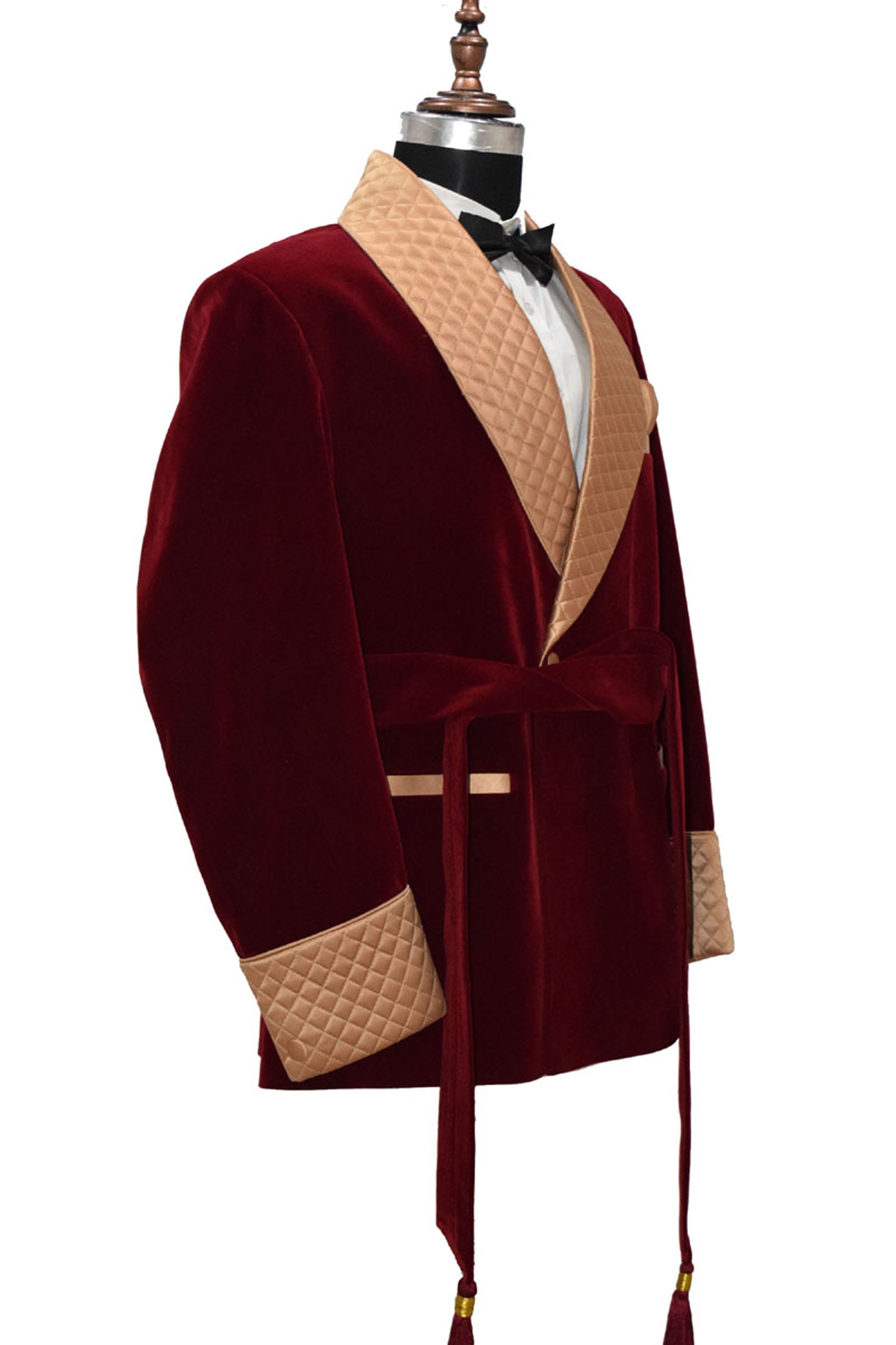 Men Maroon Smoking Jacket Quilted Lapel, Cuffs with Belt