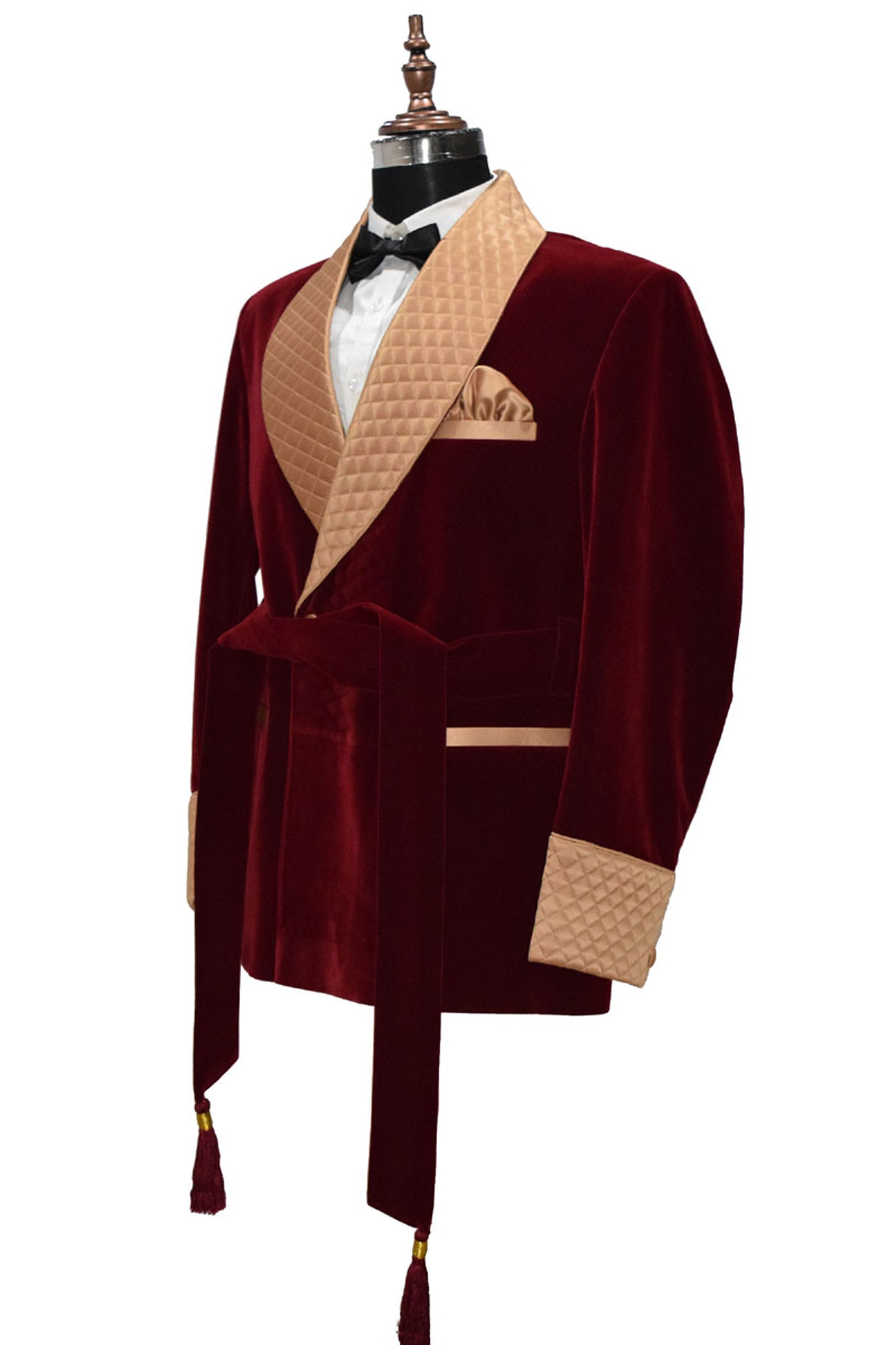 Men Maroon Smoking Jacket Quilted Lapel, Cuffs with Belt