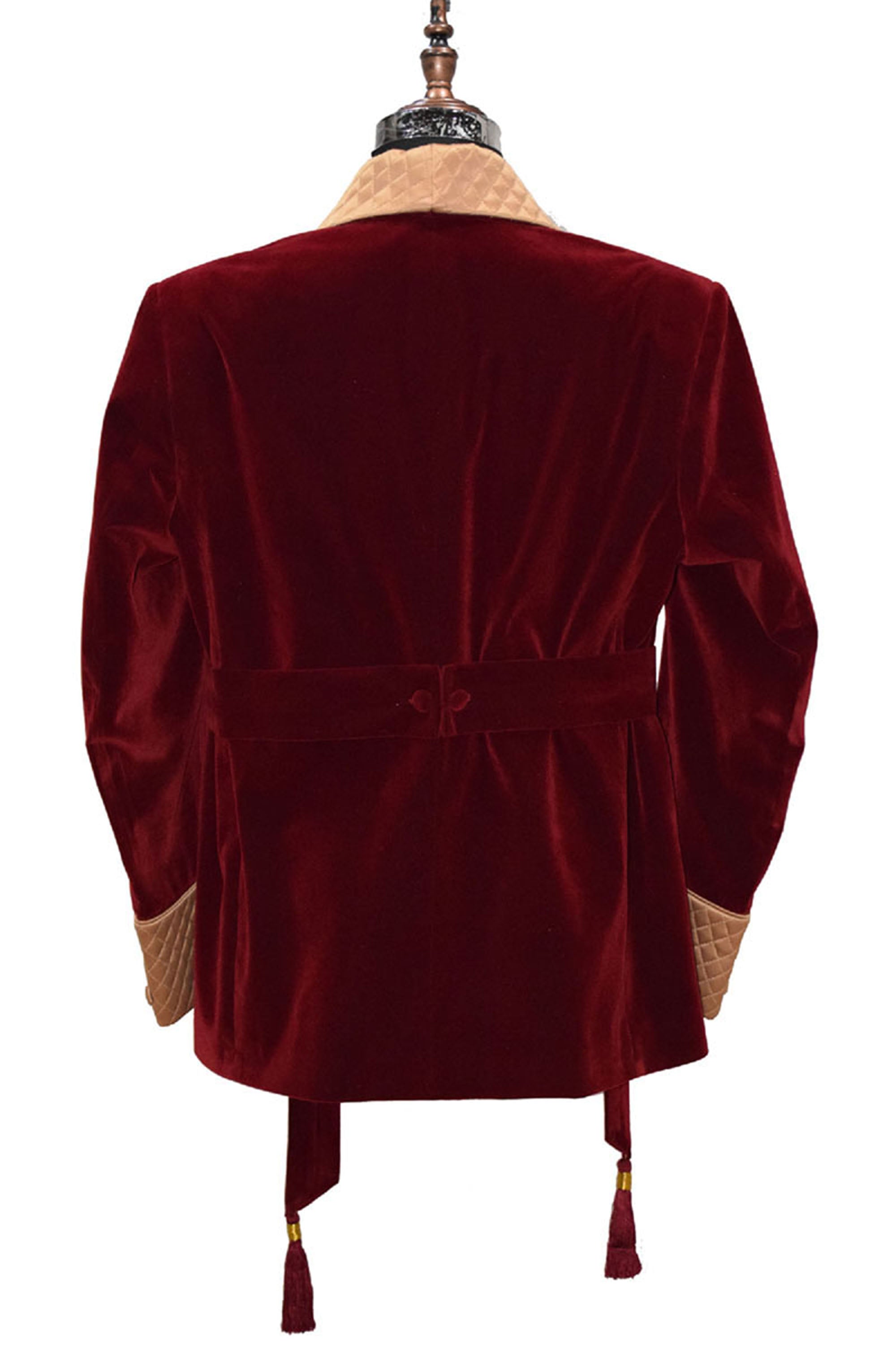 Men Maroon Smoking Jacket Quilted Lapel, Cuffs with Belt