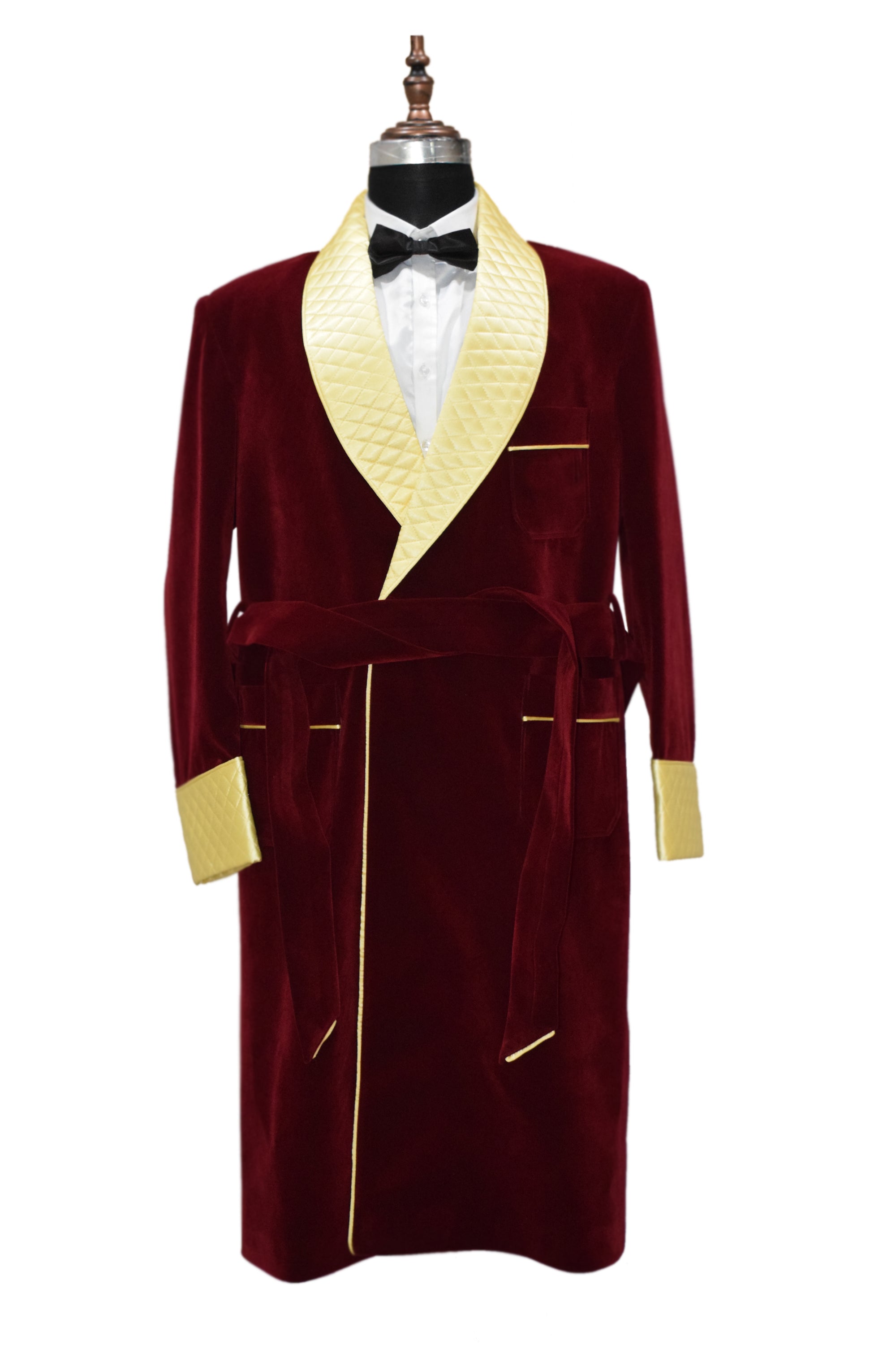 Men Maroon Gown Velvet Smoking Jacket Long Coat Robe with Belt