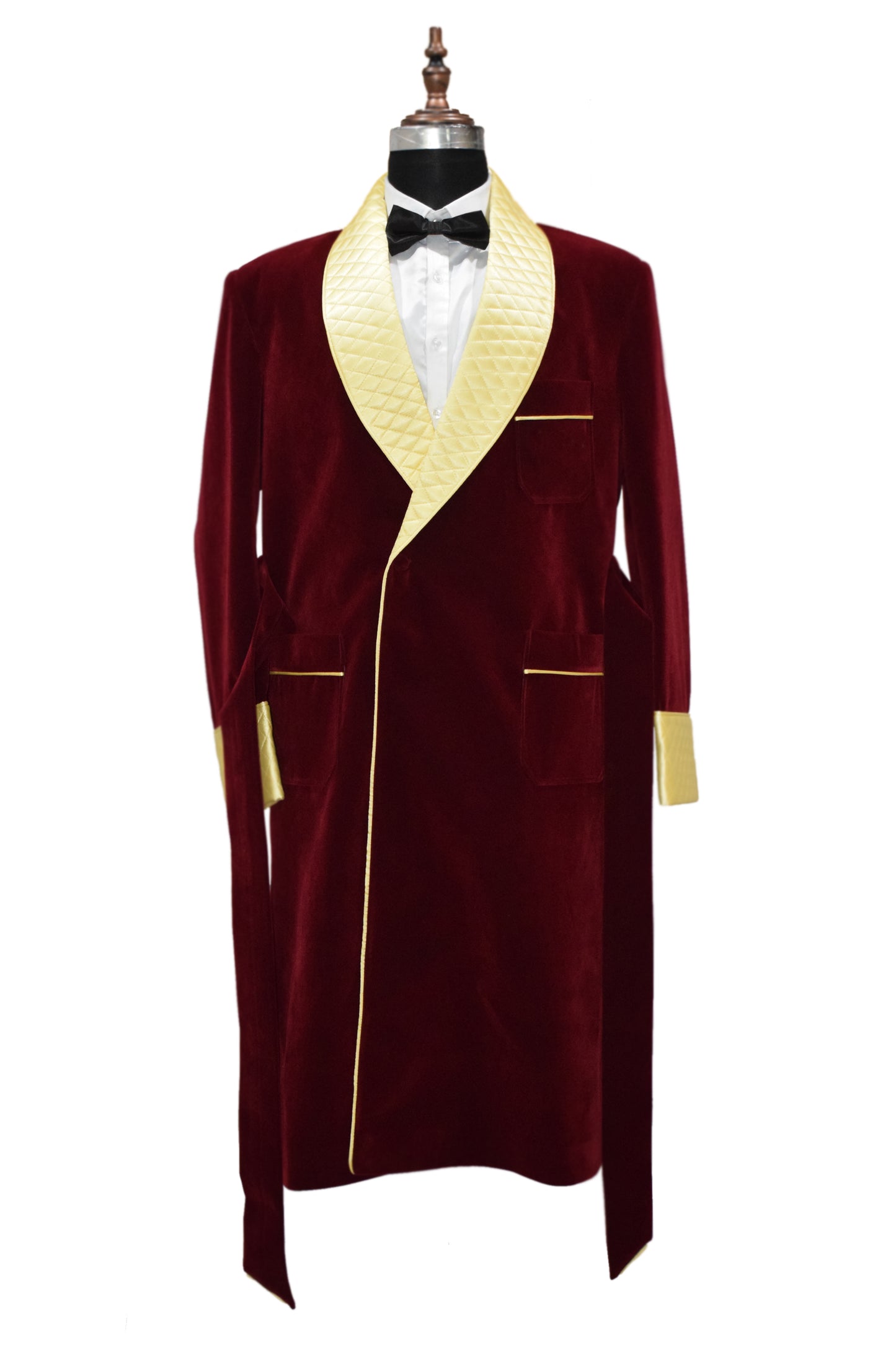 Men Maroon Gown Velvet Smoking Jacket Long Coat Robe with Belt
