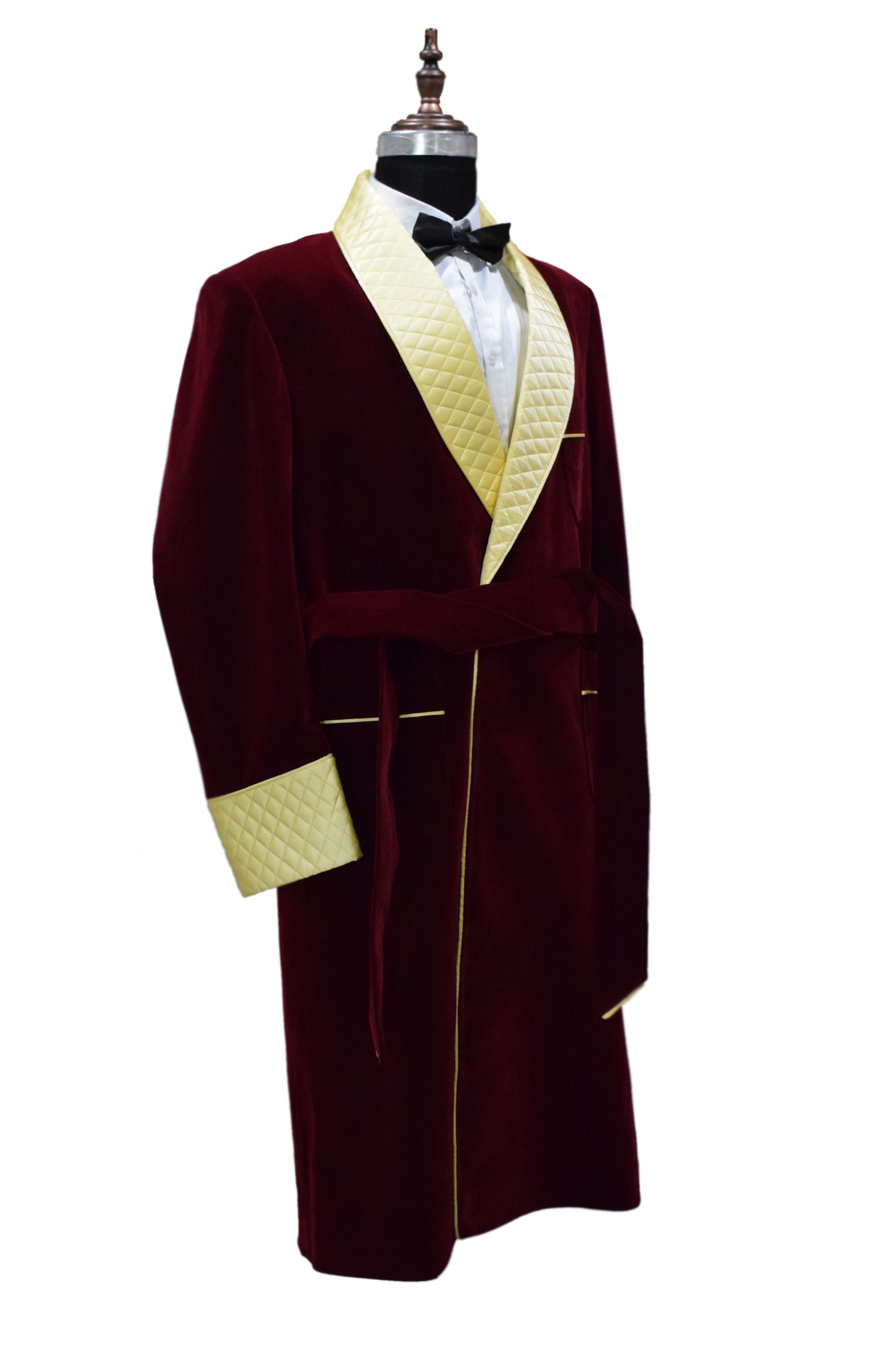 Men Maroon Gown Velvet Smoking Jacket Long Coat Robe with Belt