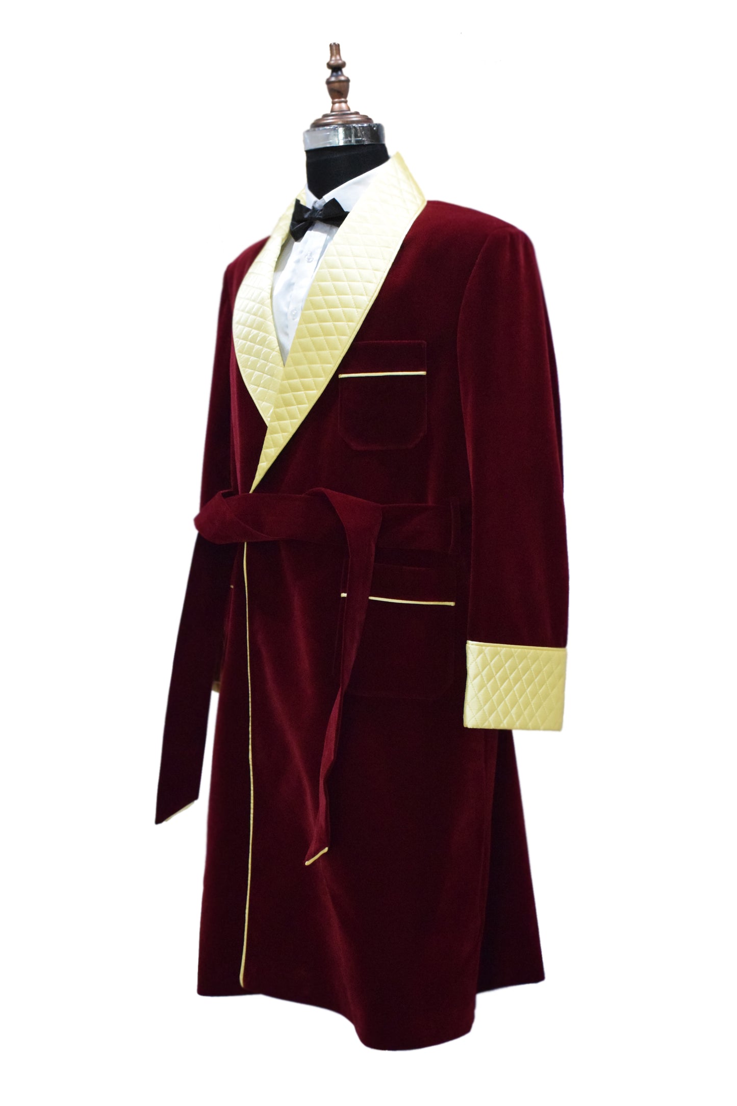 Men Maroon Gown Velvet Smoking Jacket Long Coat Robe with Belt