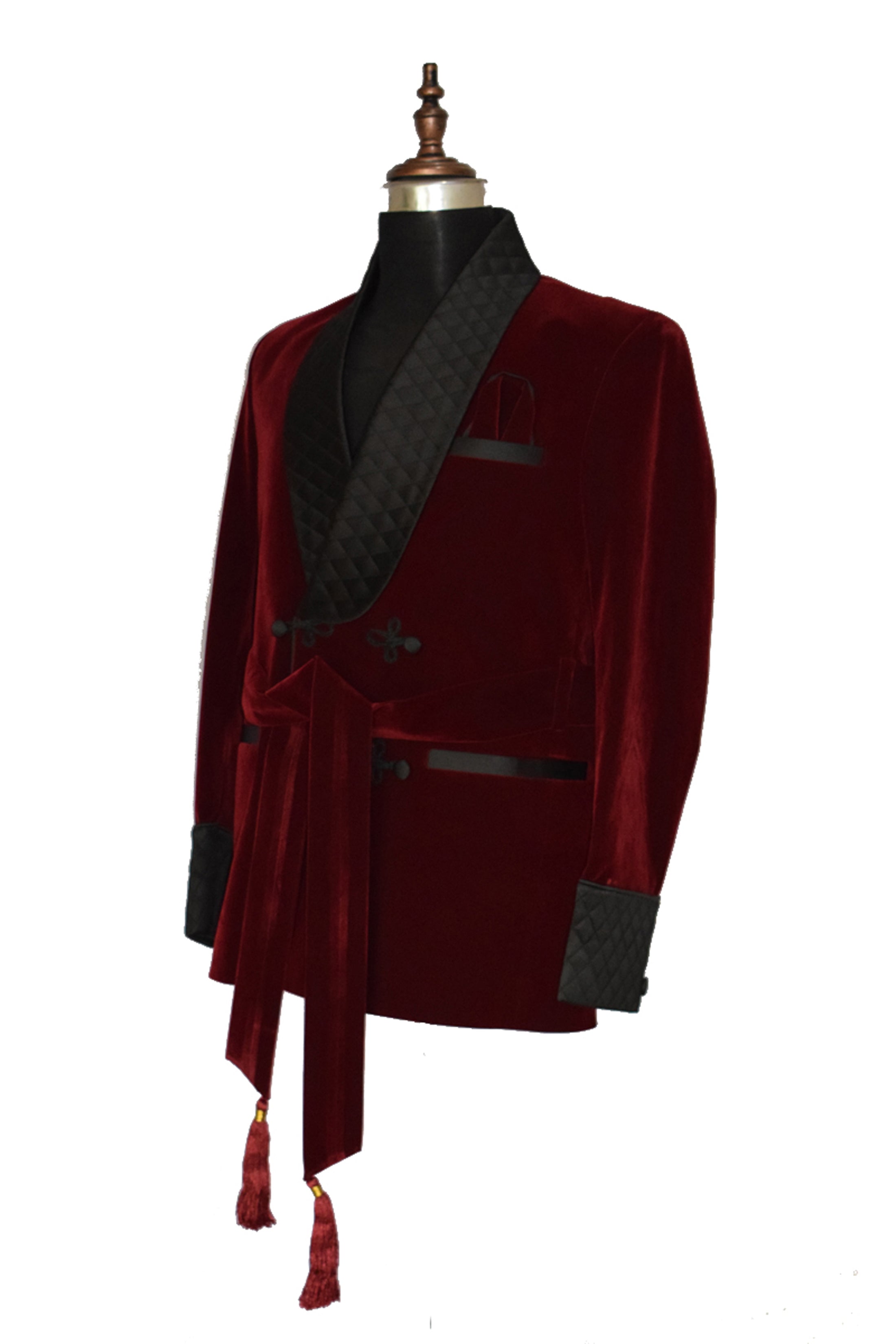Men Maroon Smoking Jacket Quilted Lapel, Cuffs with Belt