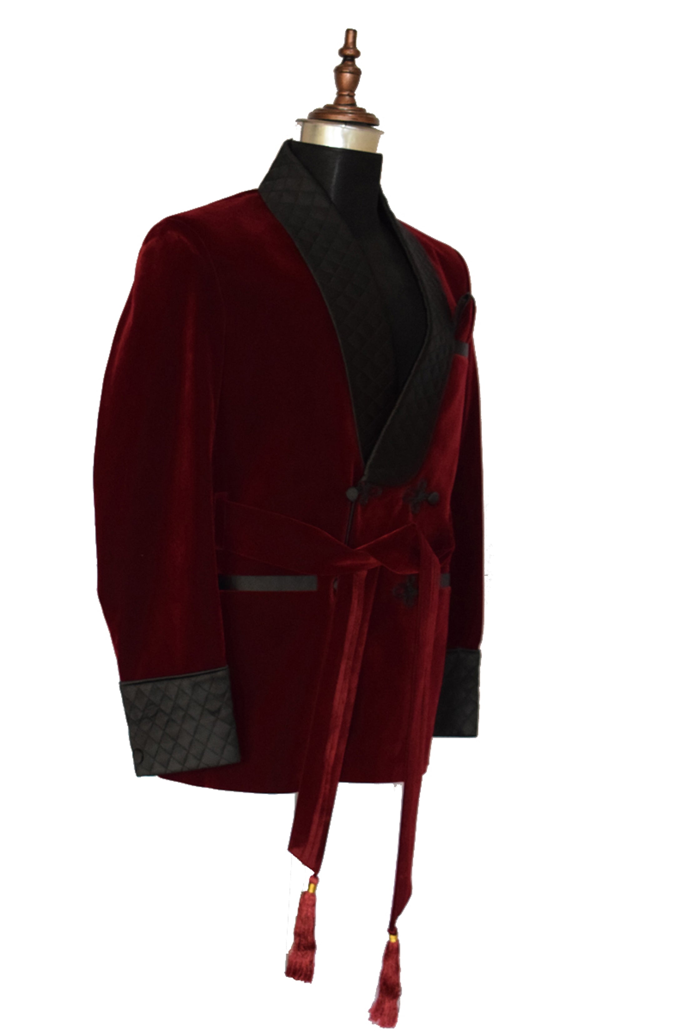 Men Maroon Smoking Jacket Quilted Lapel, Cuffs with Belt