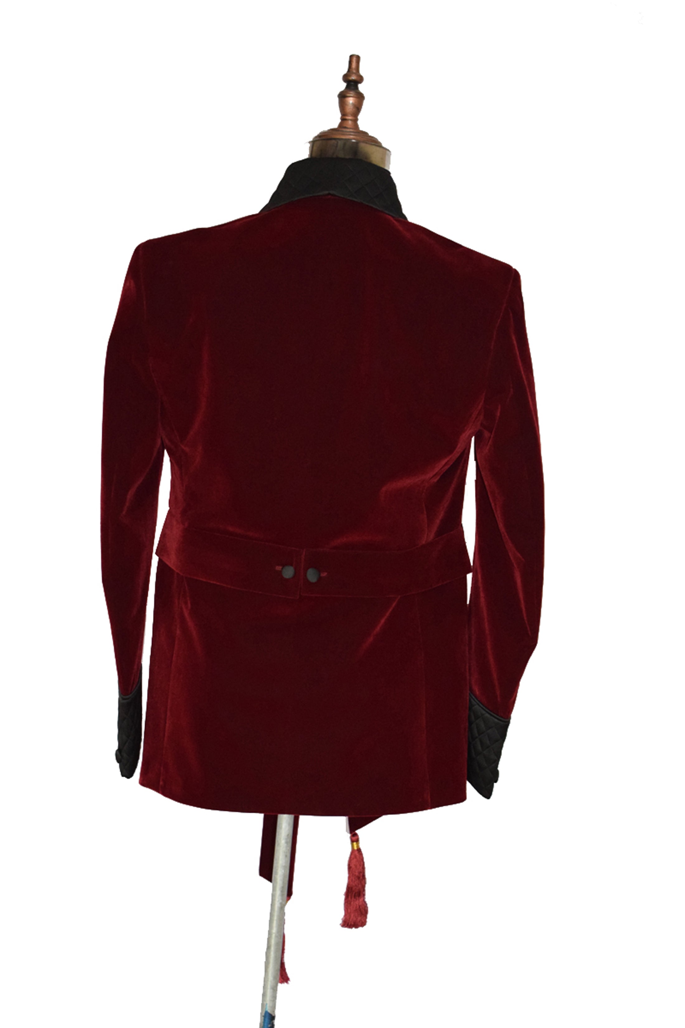 Men Maroon Smoking Jacket Quilted Lapel, Cuffs with Belt