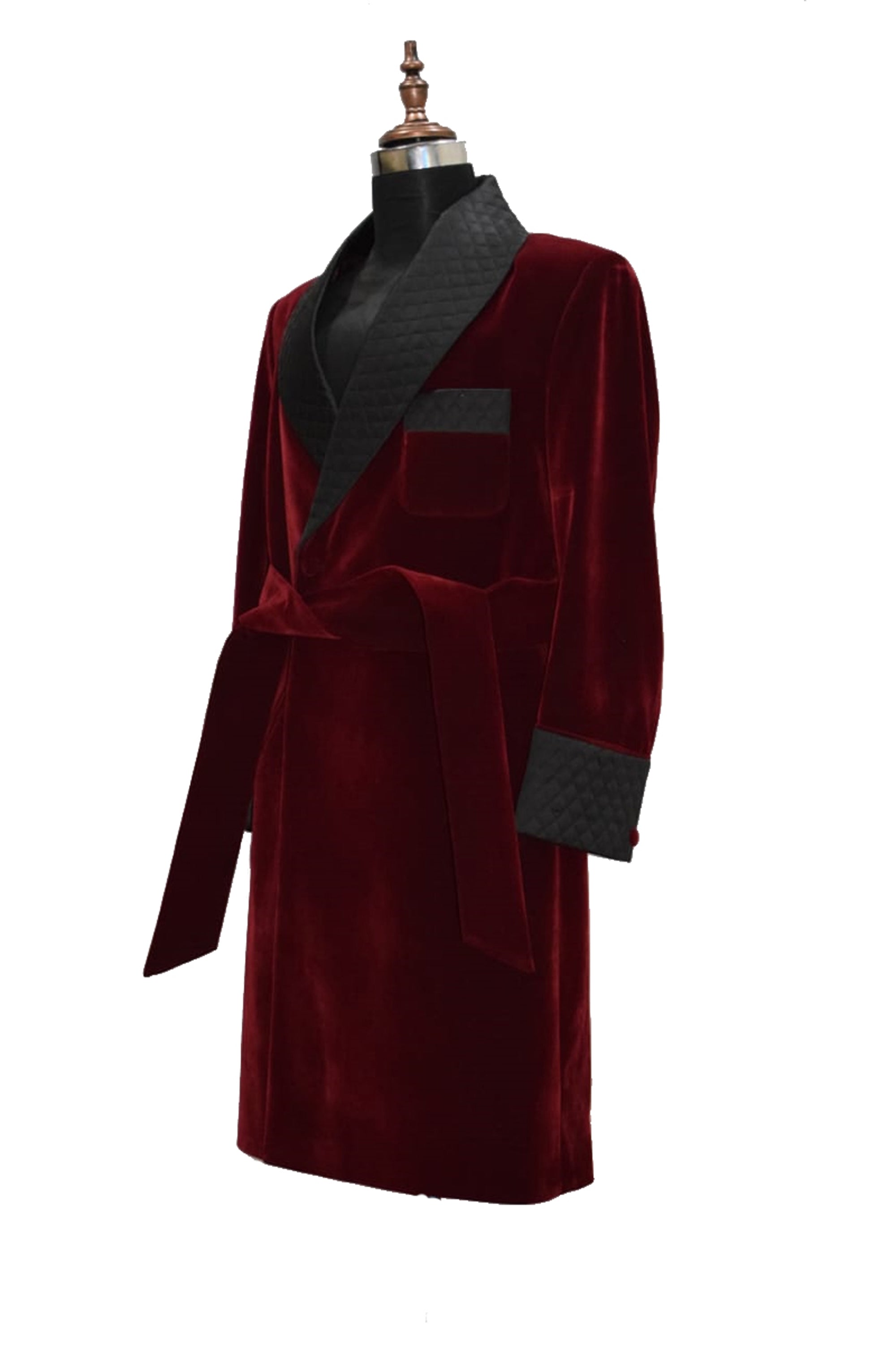 Men Maroon Gown Velvet Smoking Jacket Long Coat Robe with Belt