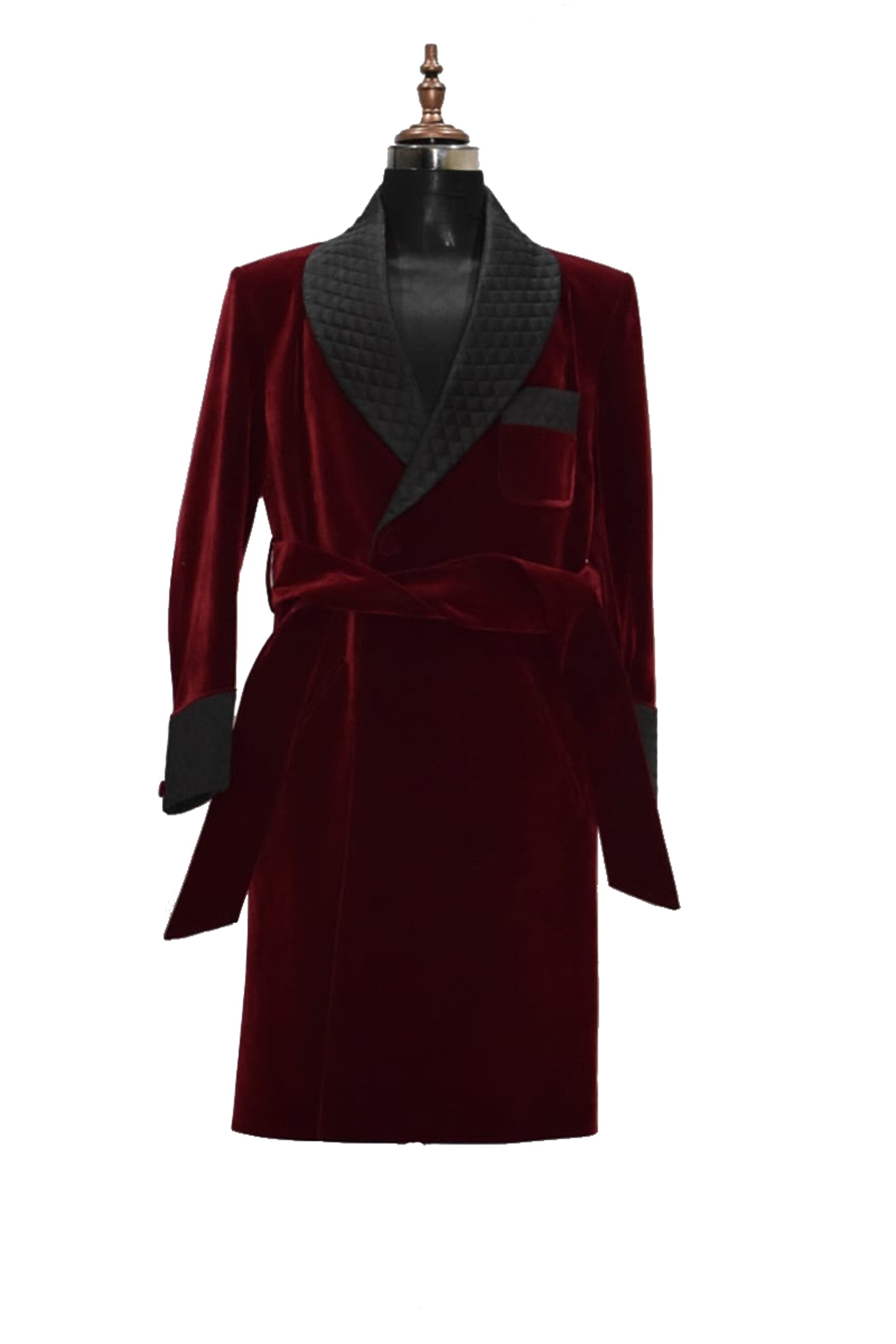 Men Maroon Gown Velvet Smoking Jacket Long Coat Robe with Belt