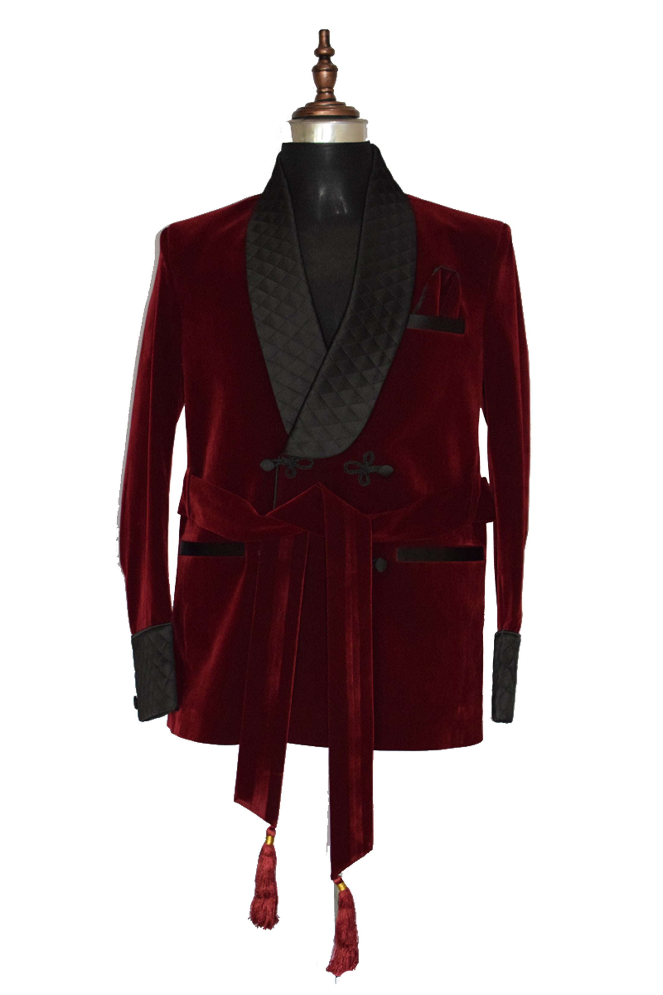 Men Maroon Smoking Jacket Quilted Lapel, Cuffs with Belt