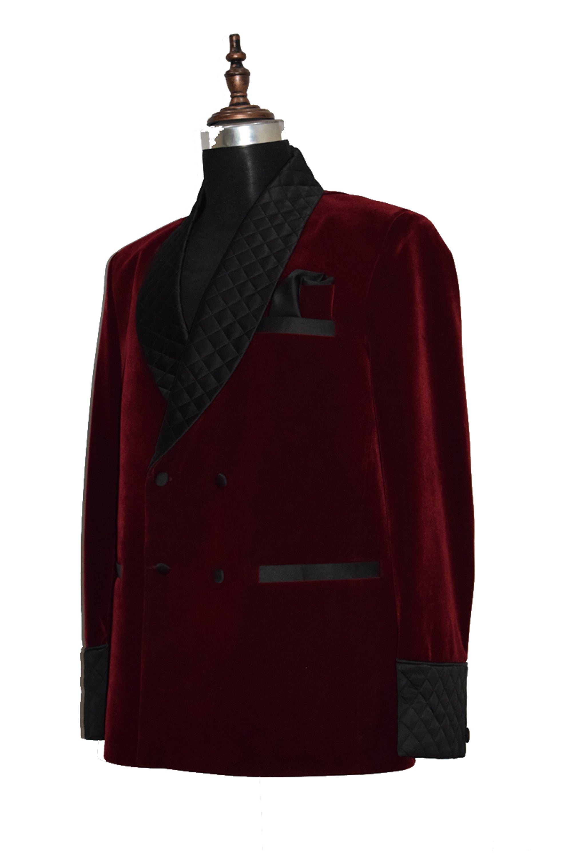 Men Maroon Velvet Smoking Quilted Jacket with Frog Closure