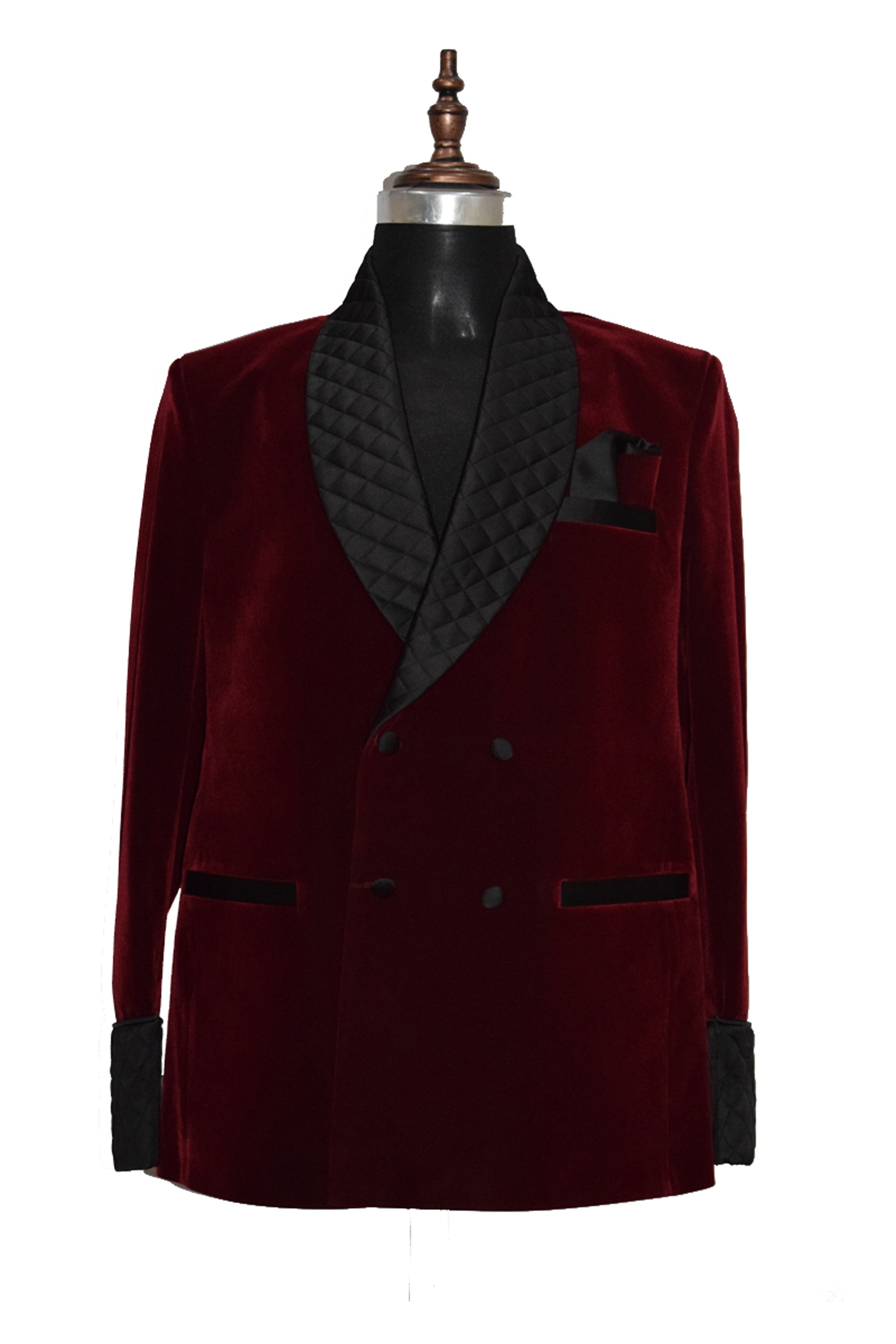Men Maroon Velvet Smoking Quilted Jacket with Frog Closure