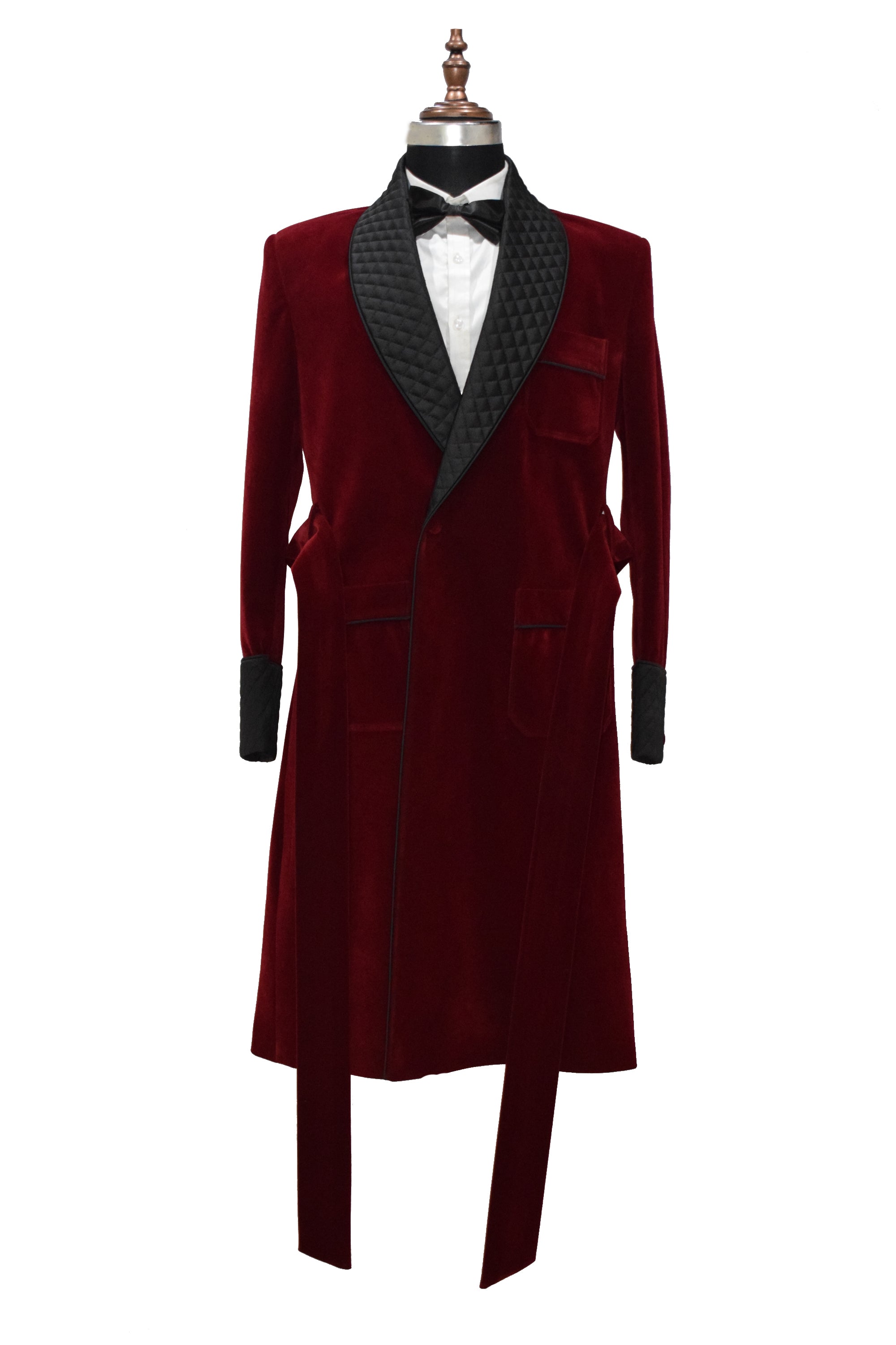 Men Maroon Gown Velvet Smoking Jacket Long Coat Robe with Belt