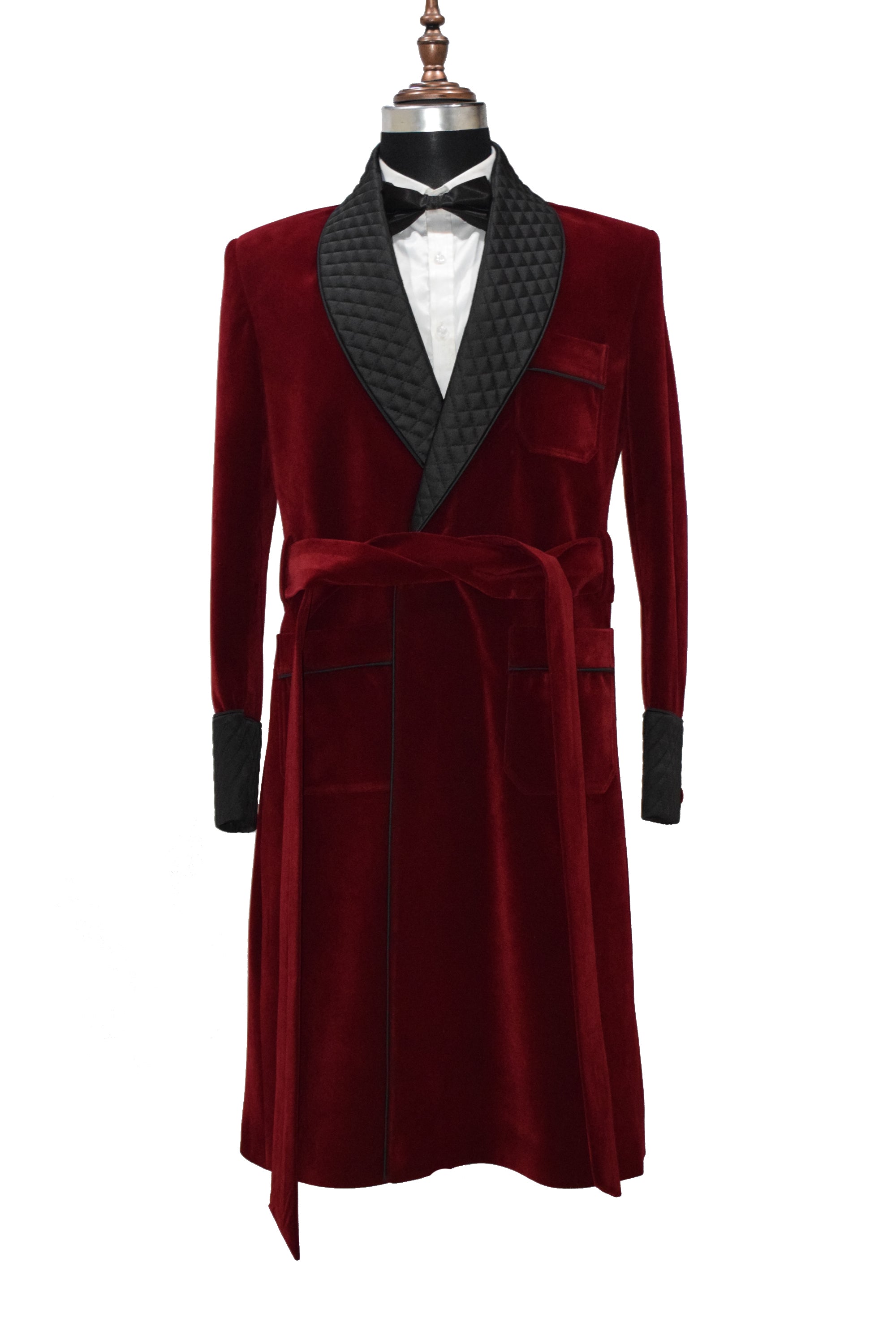 Men Maroon Gown Velvet Smoking Jacket Long Coat Robe with Belt