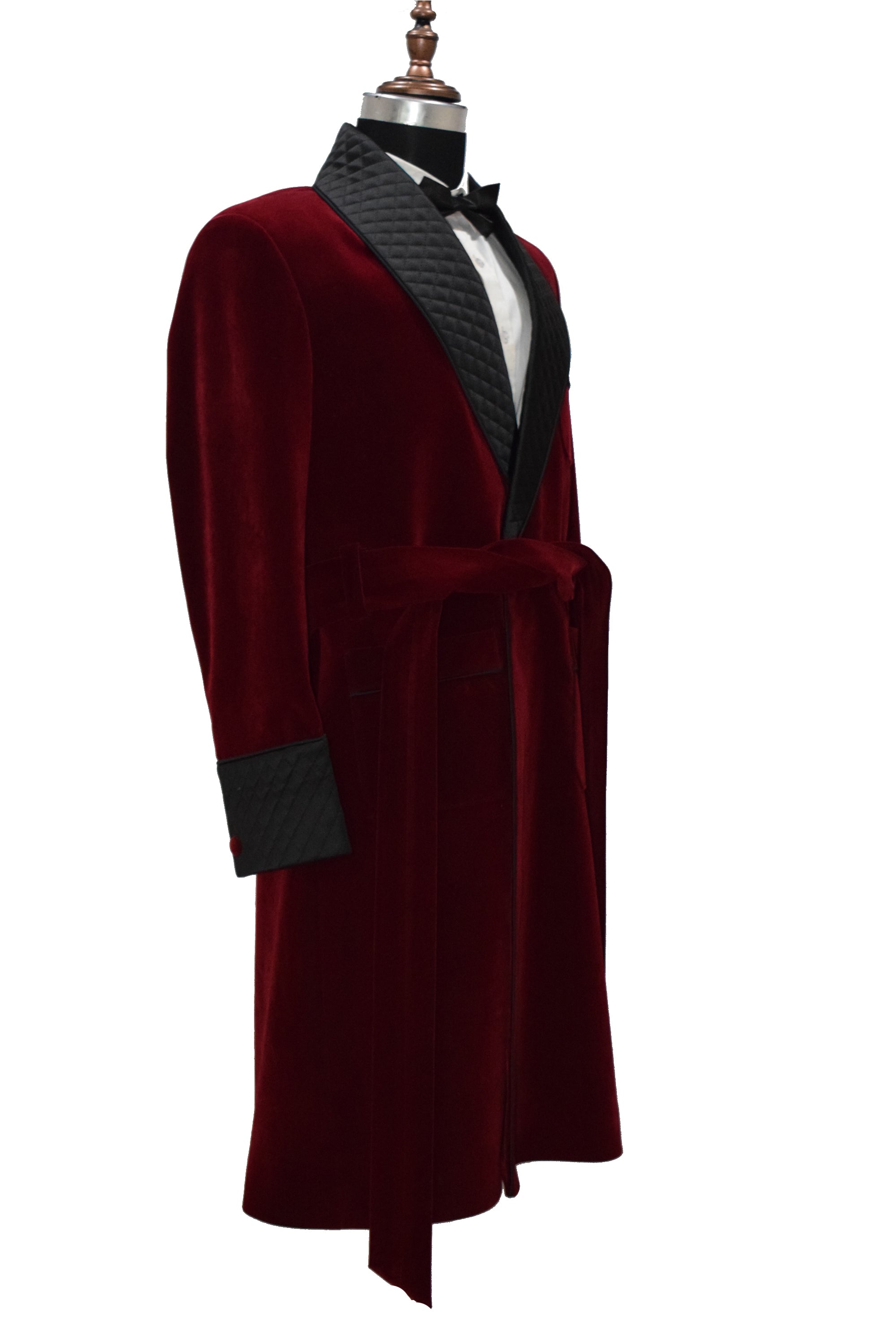 Men Maroon Gown Velvet Smoking Jacket Long Coat Robe with Belt