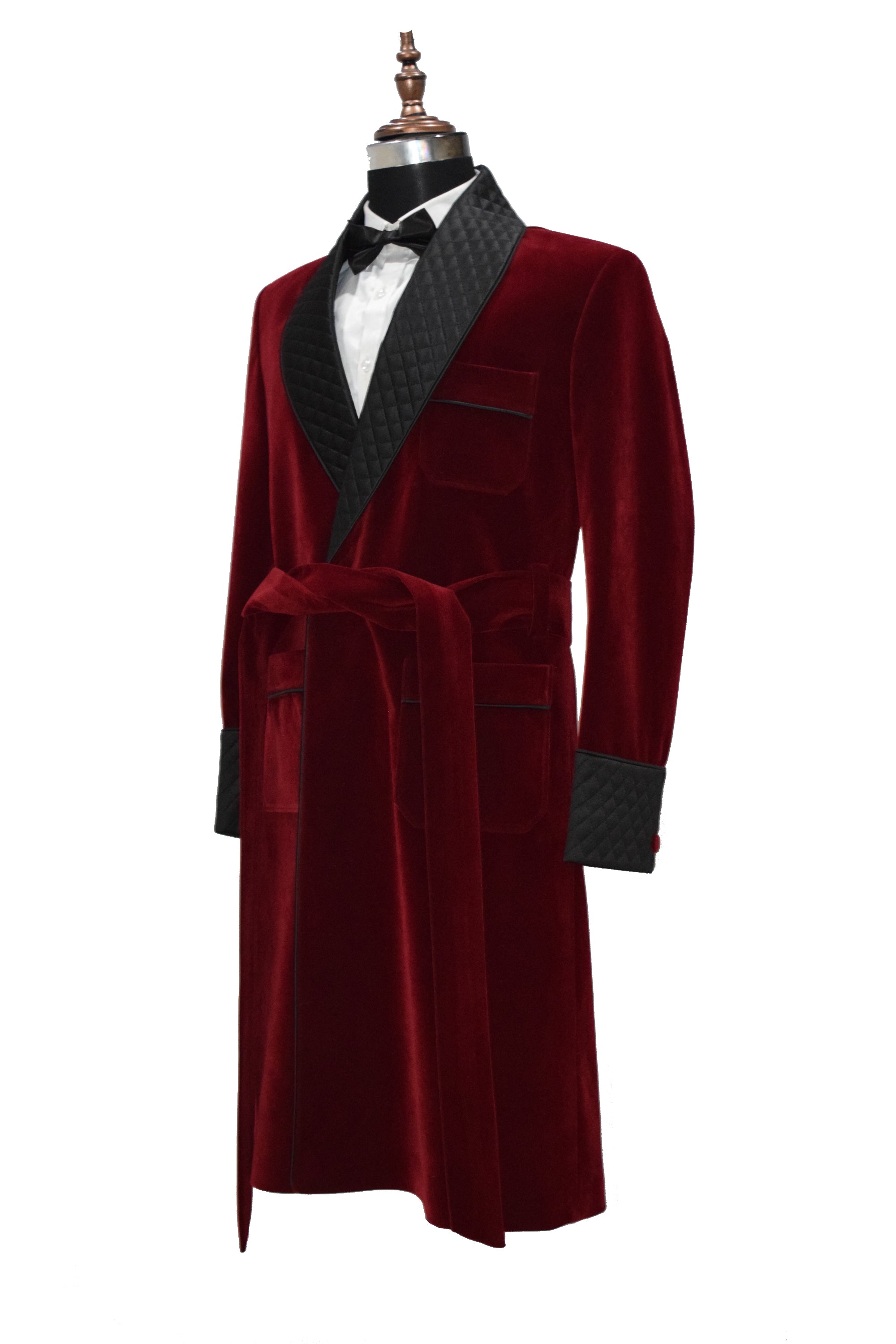 Men Maroon Gown Velvet Smoking Jacket Long Coat Robe with Belt