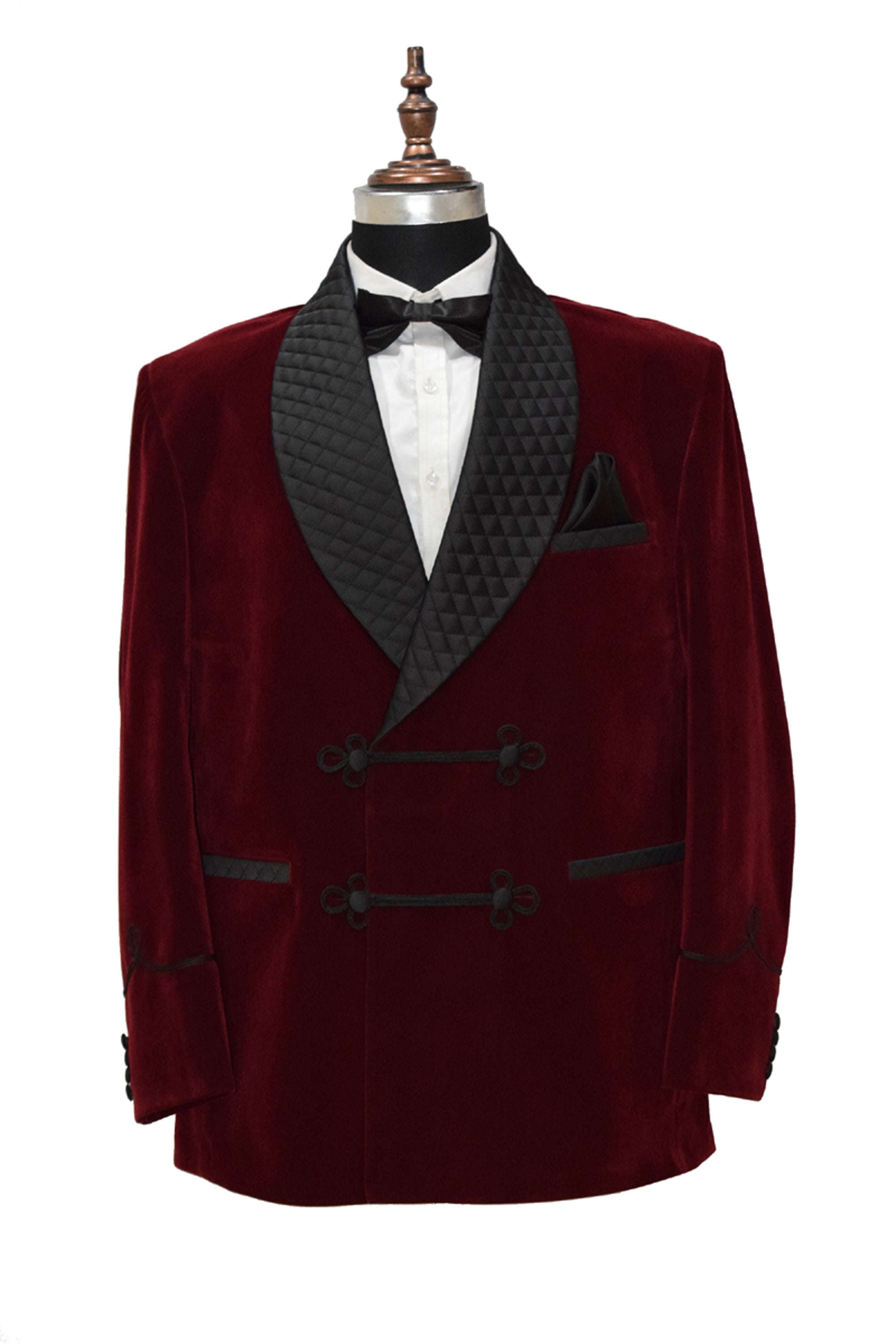 Men Maroon Velvet Smoking Quilted Jacket with Frog Closure