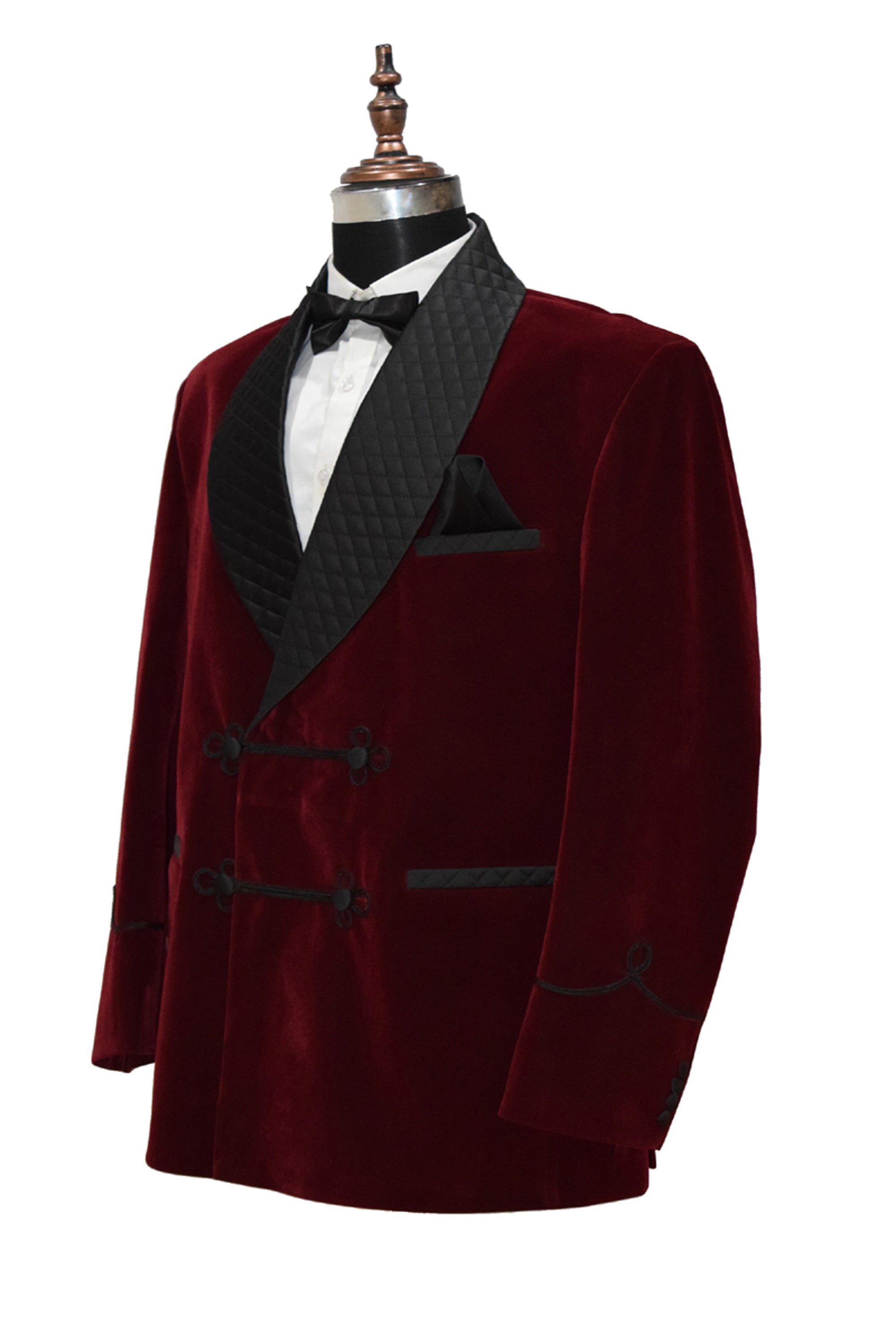 Men Maroon Velvet Smoking Quilted Jacket with Frog Closure