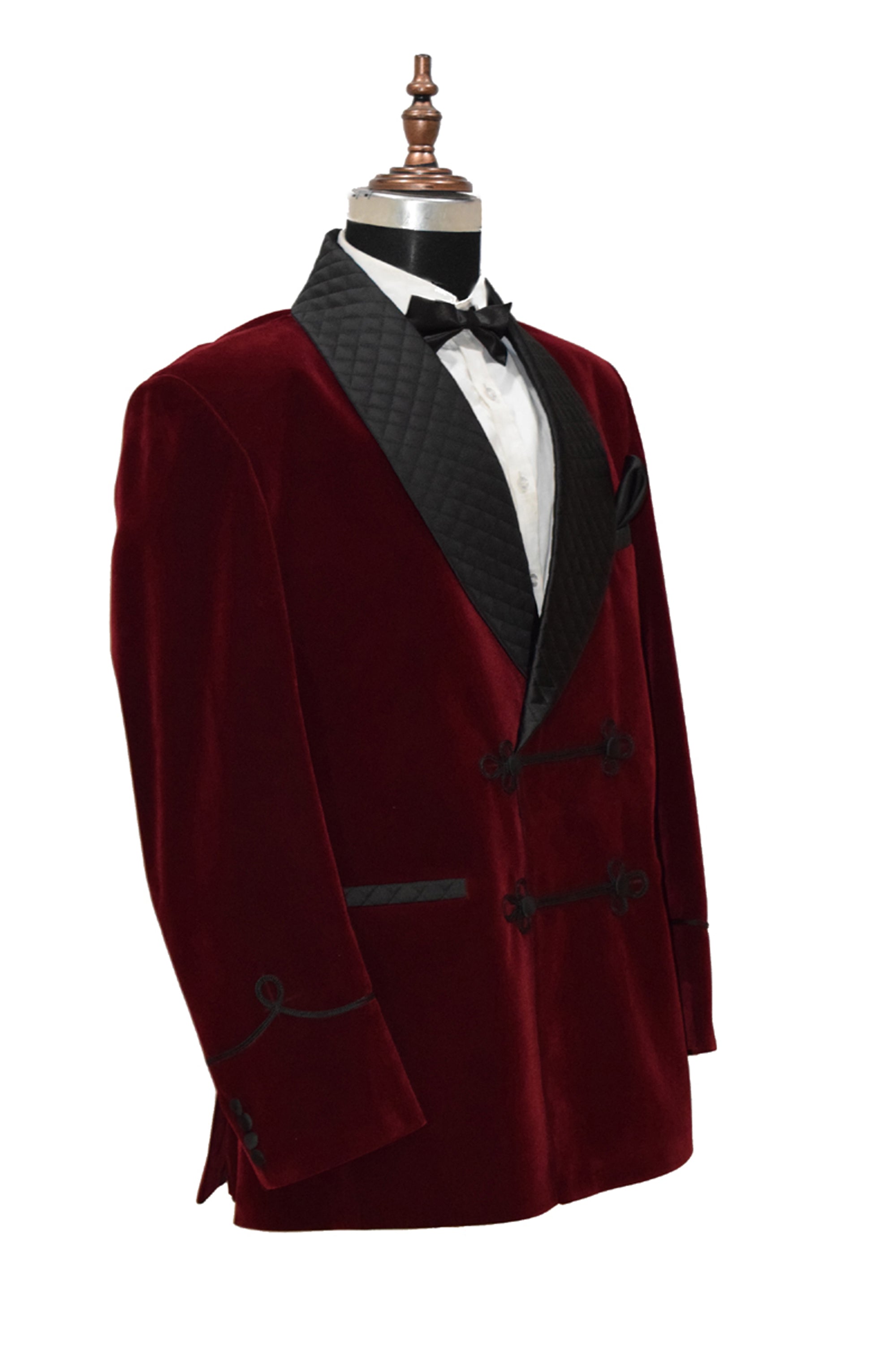 Men Maroon Velvet Smoking Quilted Jacket with Frog Closure