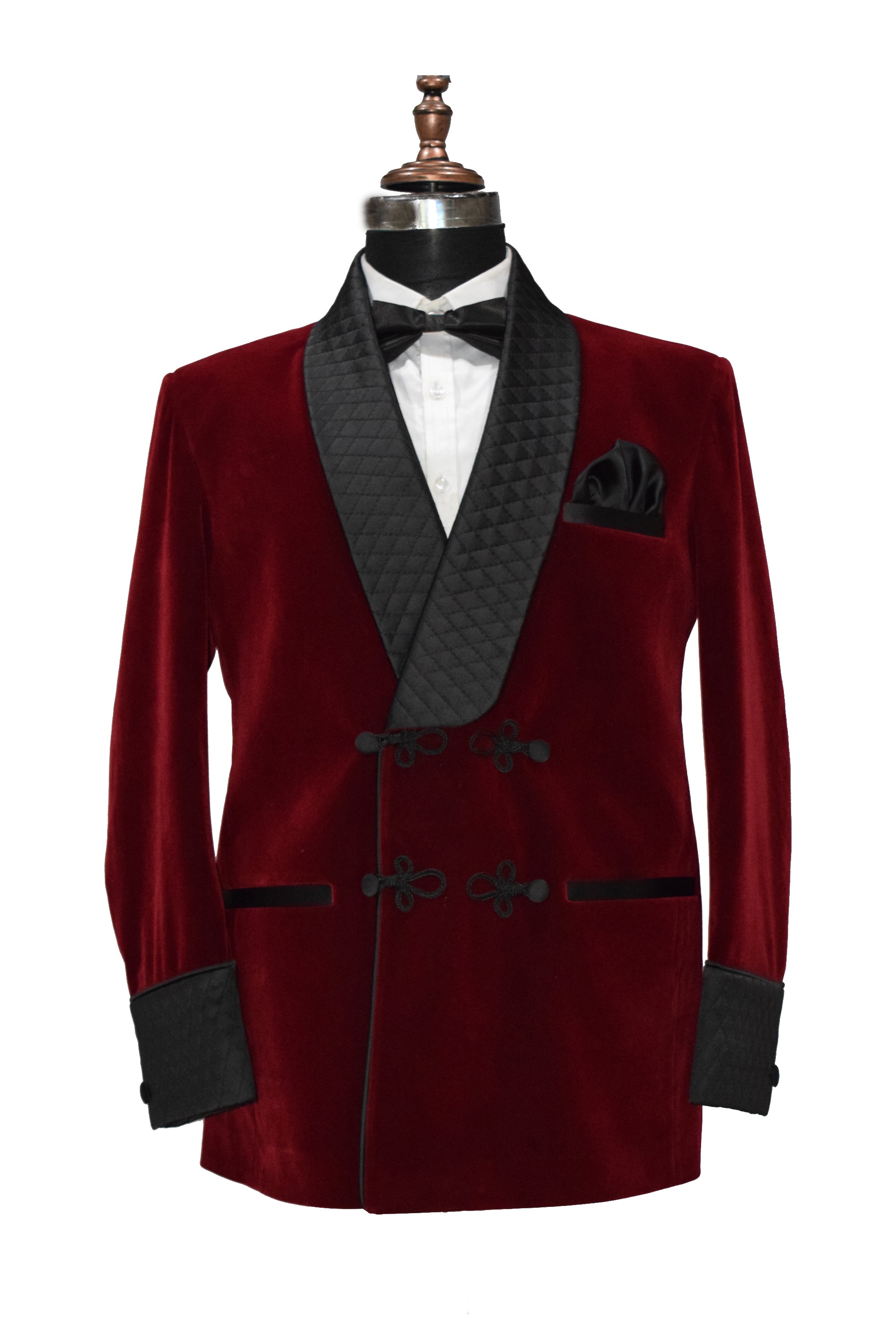 Men Maroon Velvet Smoking Quilted Jacket with Frog Closure