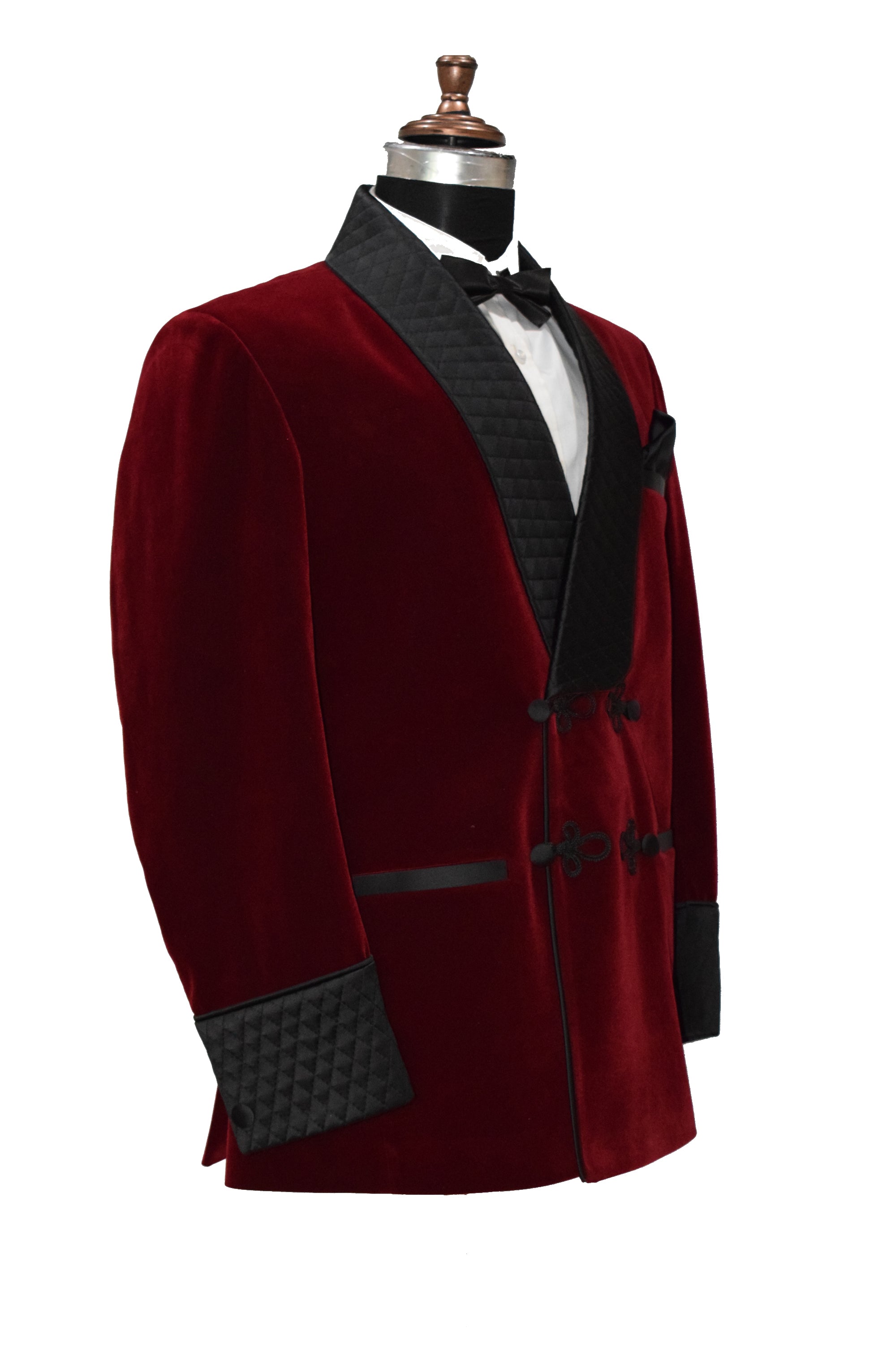 Men Maroon Velvet Smoking Quilted Jacket with Frog Closure
