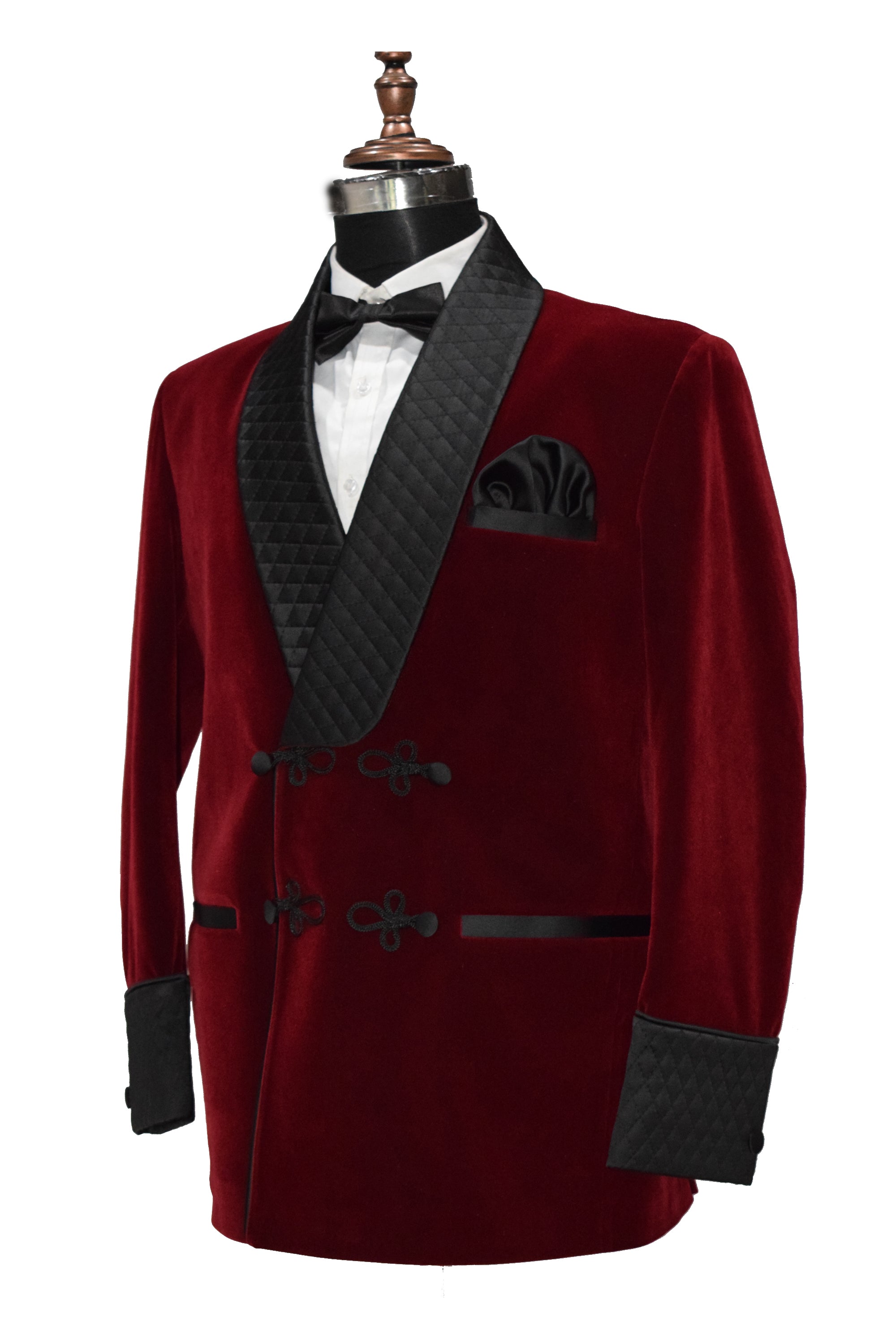 Men Maroon Velvet Smoking Quilted Jacket with Frog Closure