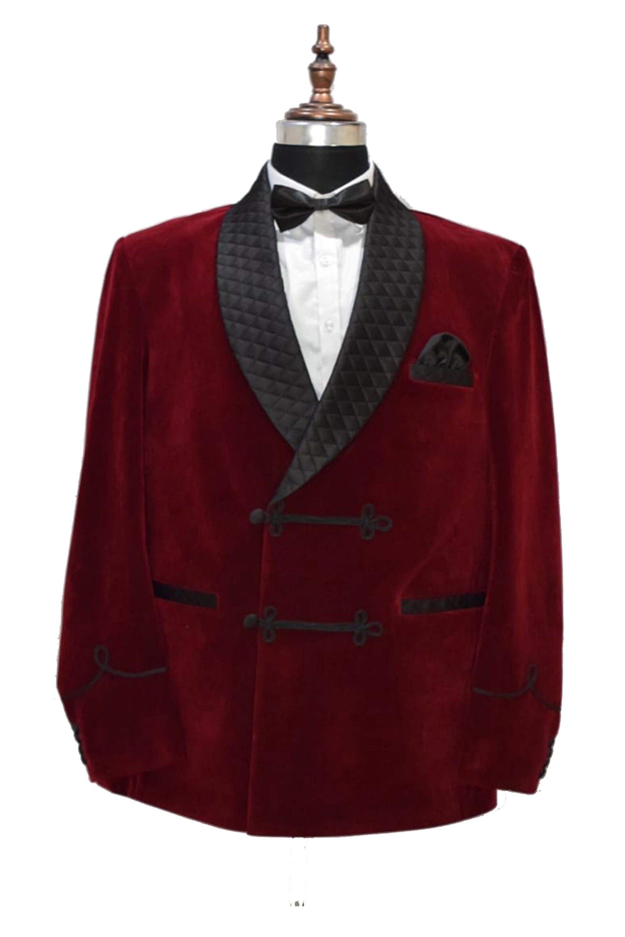 Men Maroon Velvet Smoking Quilted Jacket with Frog Closure