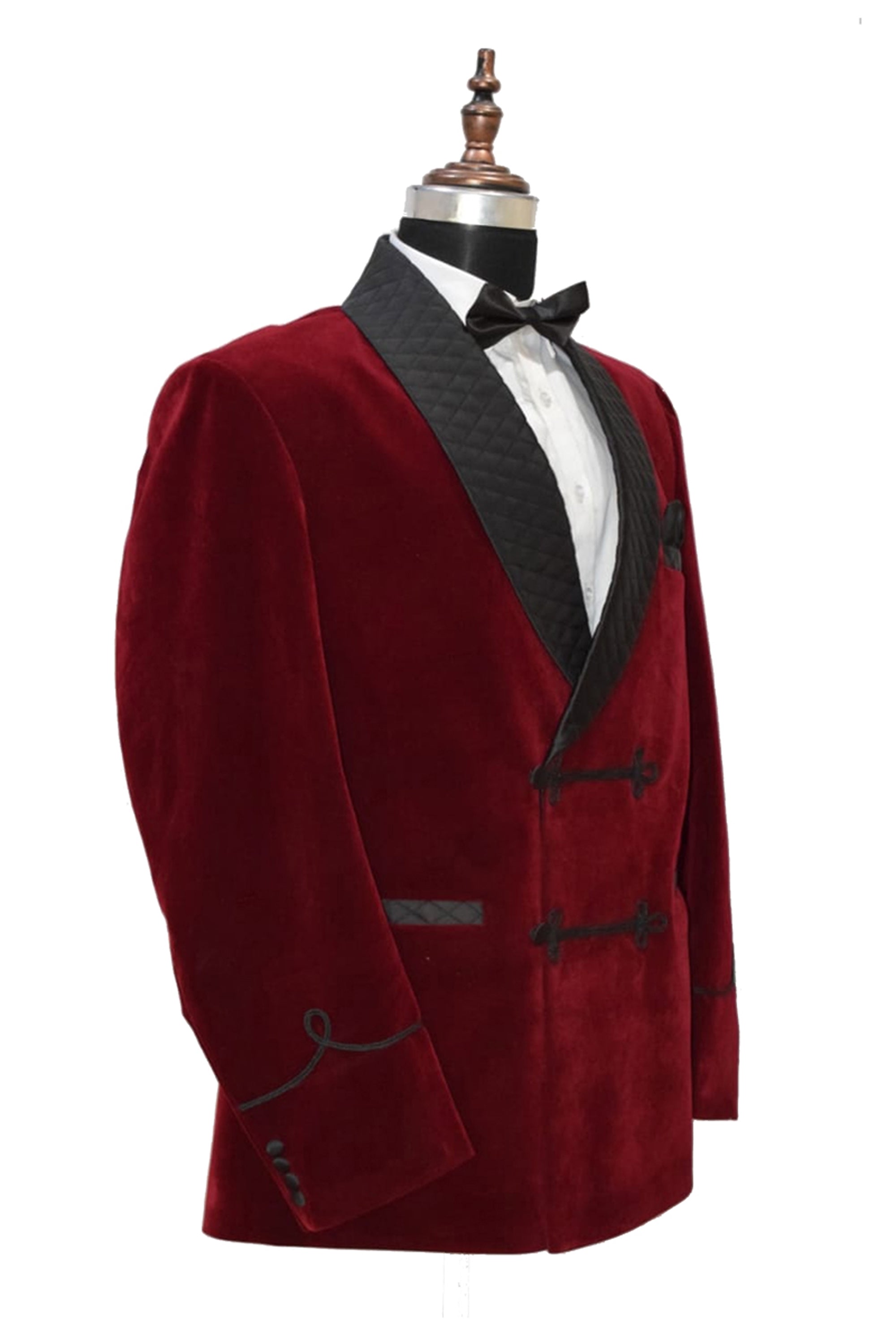 Men Maroon Velvet Smoking Quilted Jacket with Frog Closure