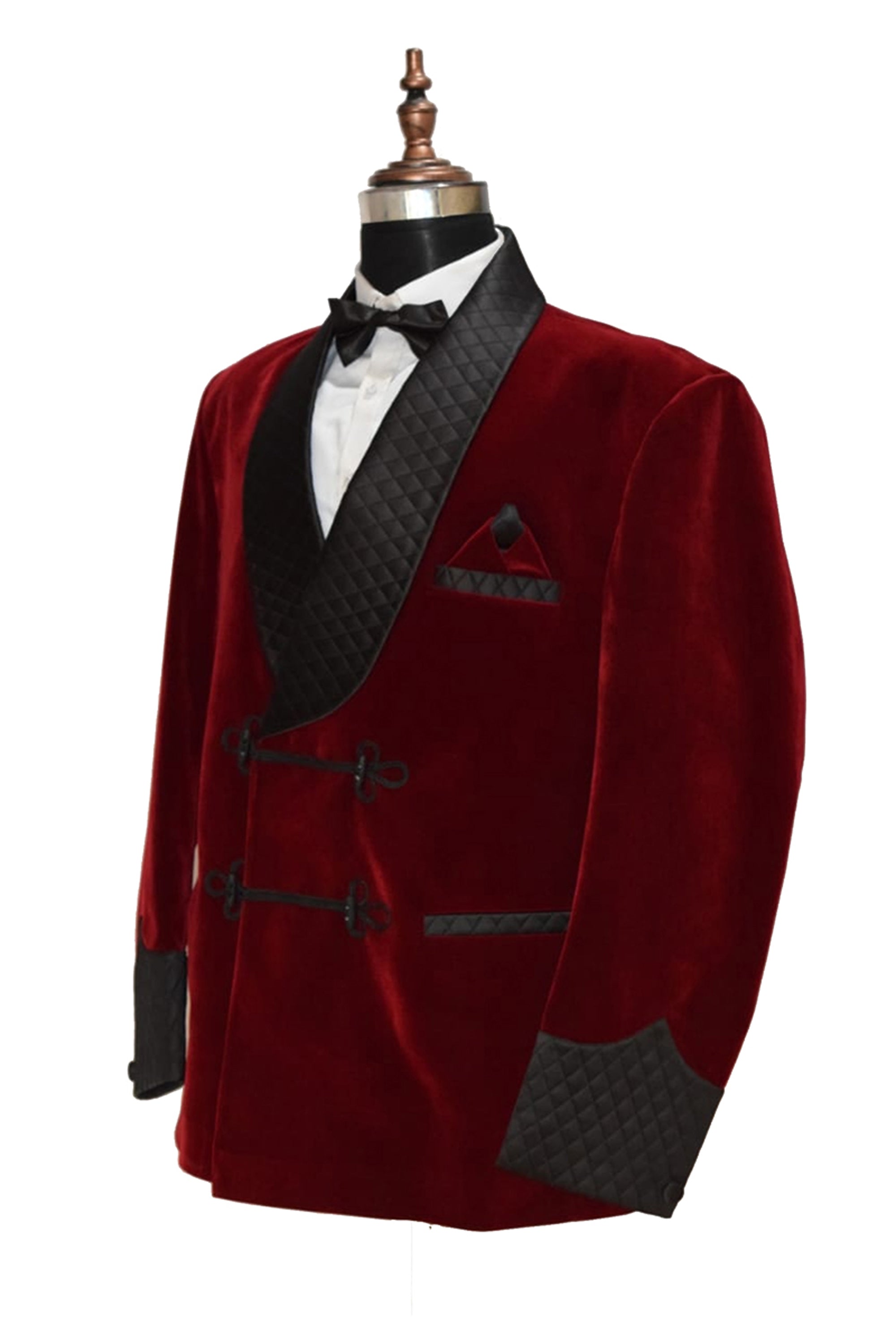 Men Maroon Velvet Smoking Quilted Jacket with Frog Closure