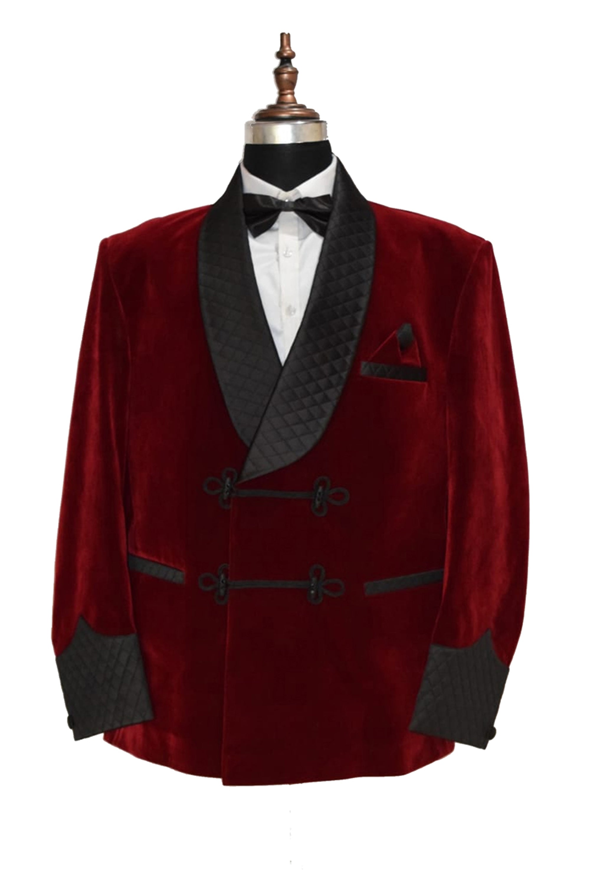 Men Maroon Velvet Smoking Quilted Jacket with Frog Closure