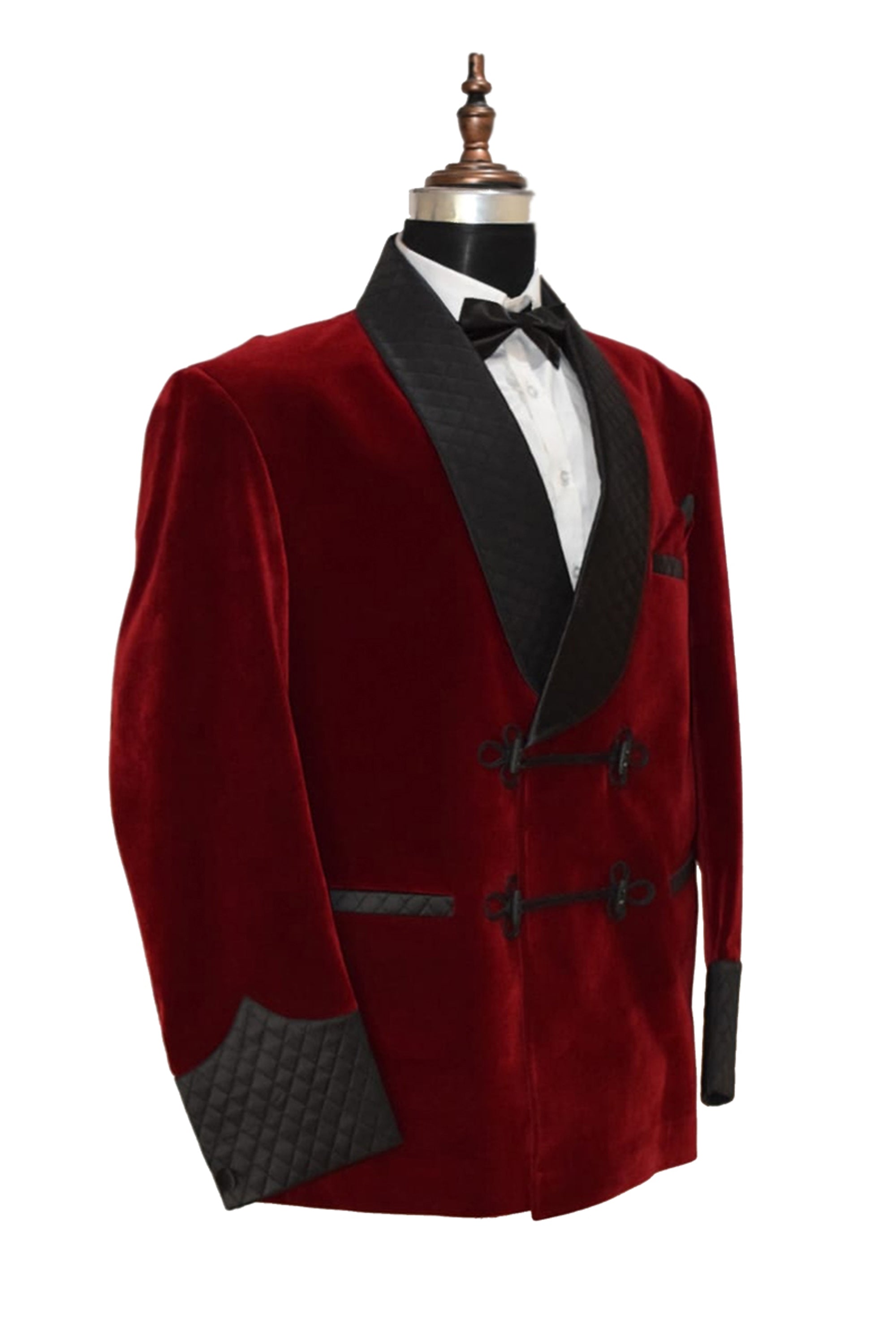 Men Maroon Velvet Smoking Quilted Jacket with Frog Closure