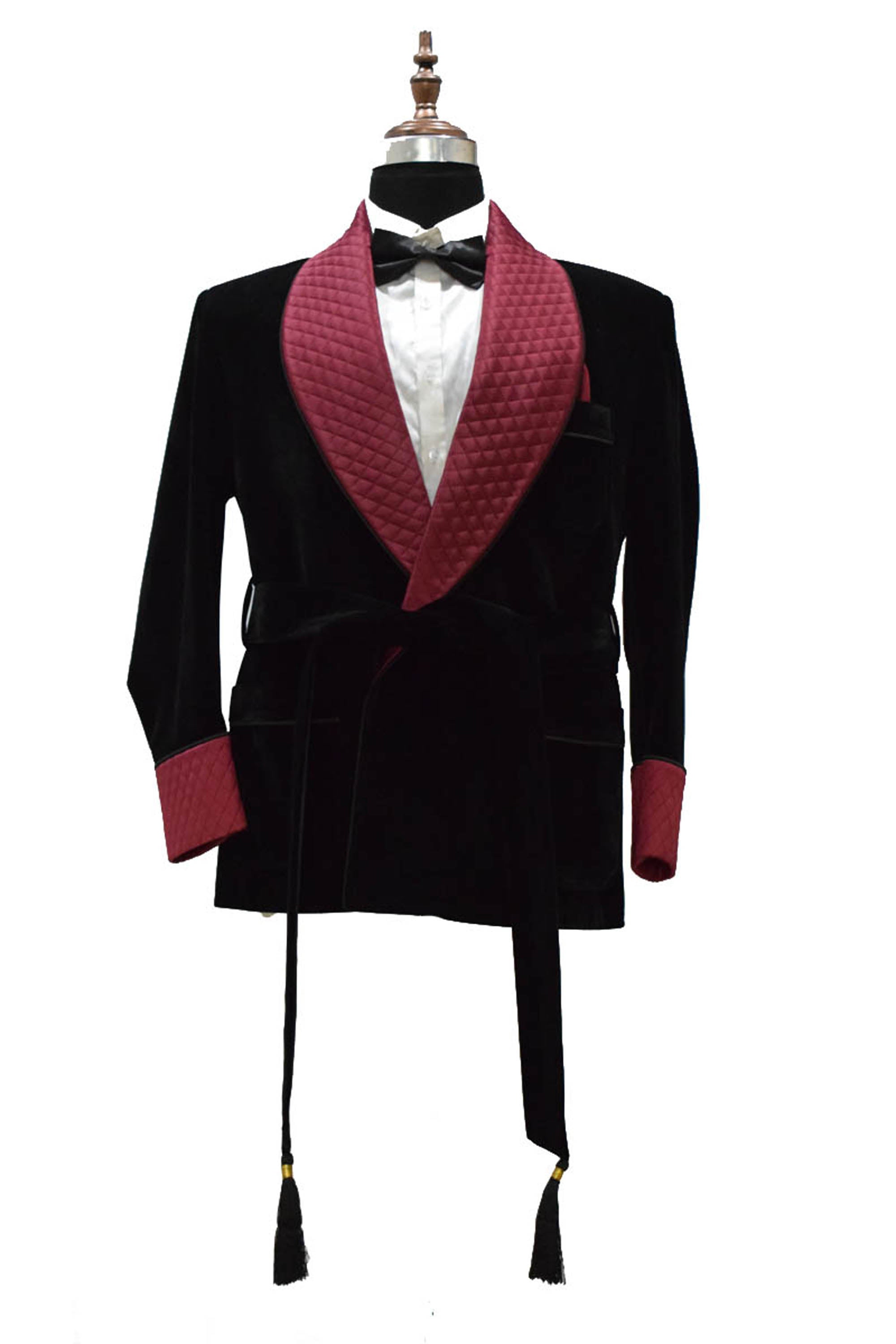 Men Black Velvet Smoking Jacket with Black Quilted Lapel, Cuffs and Belt