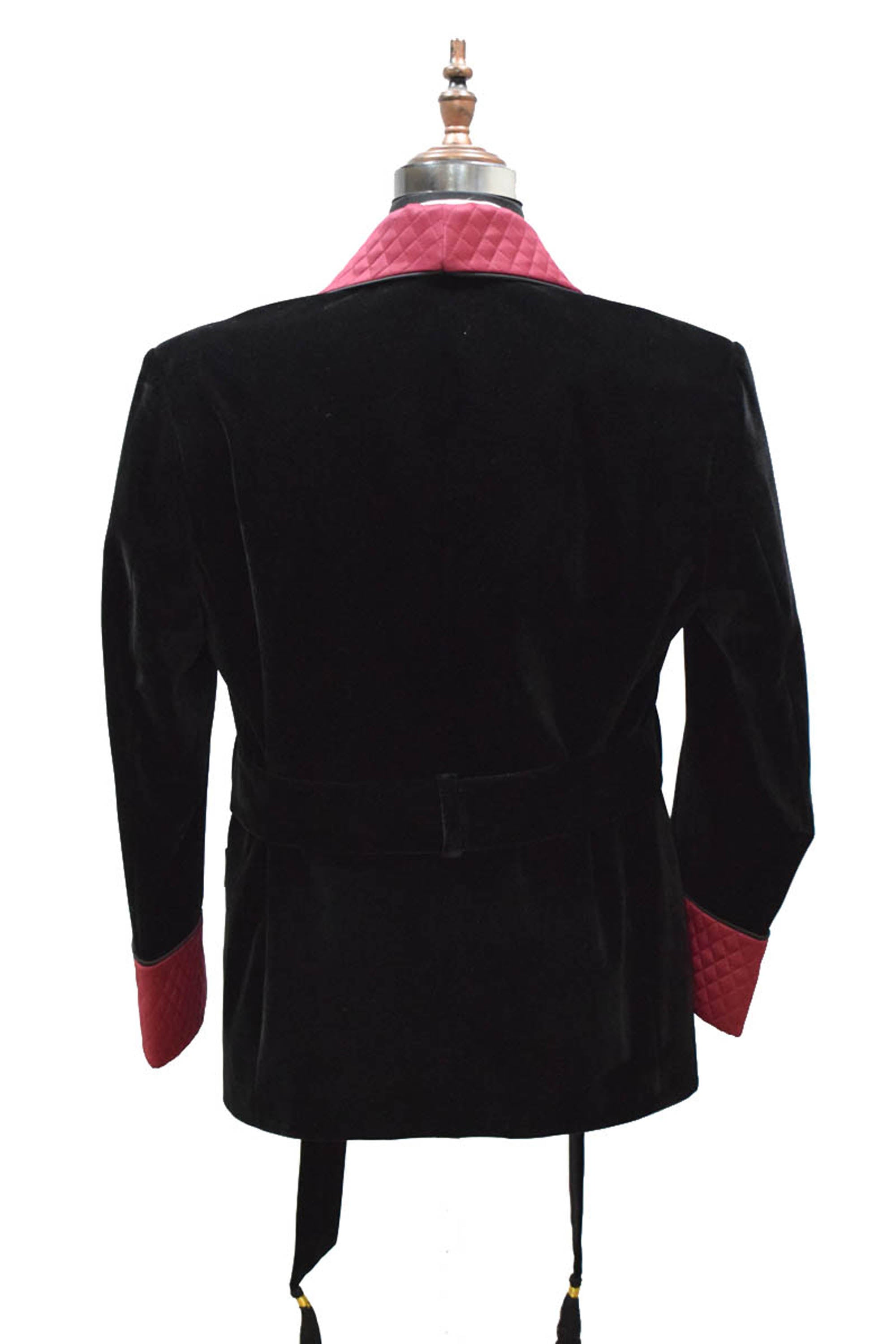 Men Black Velvet Smoking Jacket with Black Quilted Lapel, Cuffs and Belt