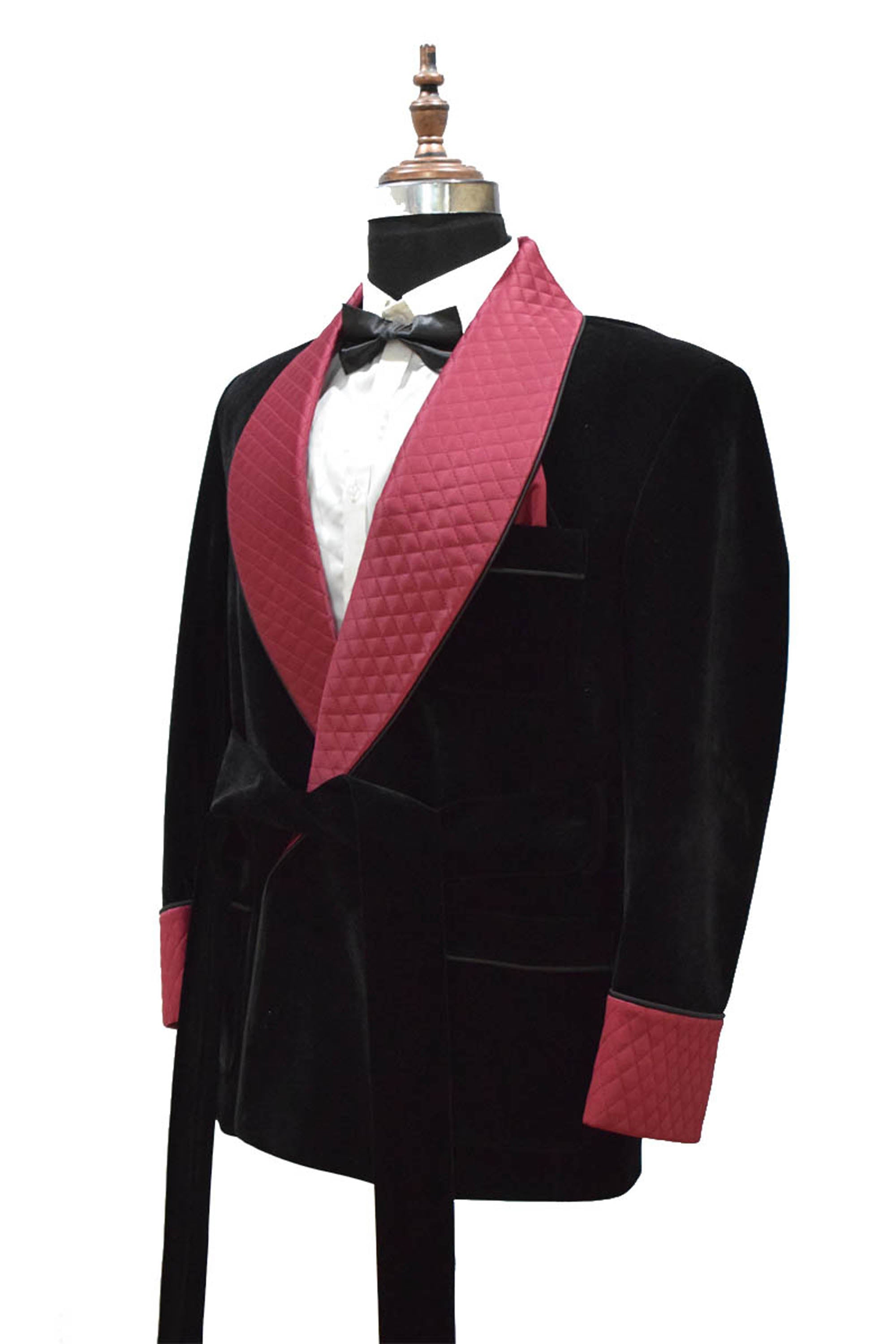 Men Black Velvet Smoking Jacket with Black Quilted Lapel, Cuffs and Belt