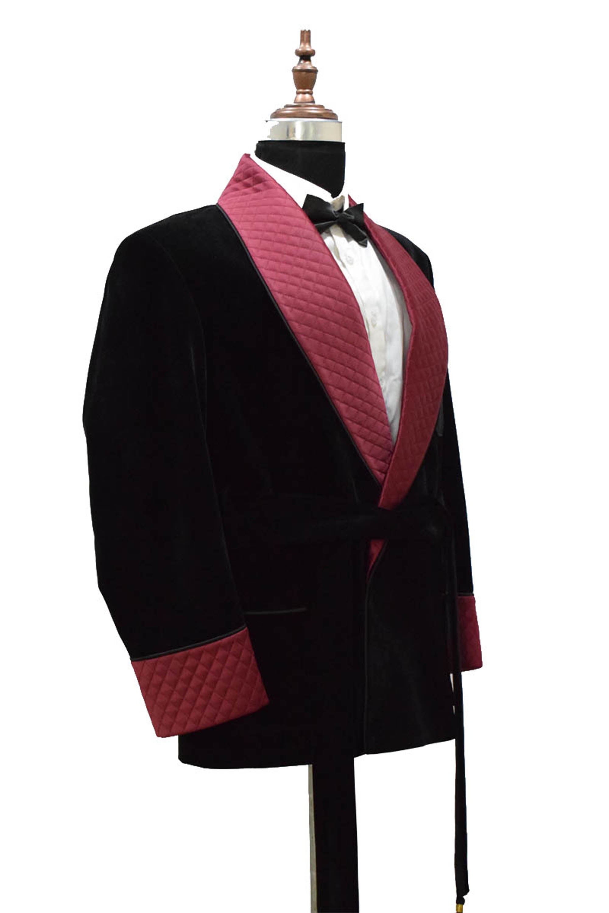 Men Black Velvet Smoking Jacket with Black Quilted Lapel, Cuffs and Belt