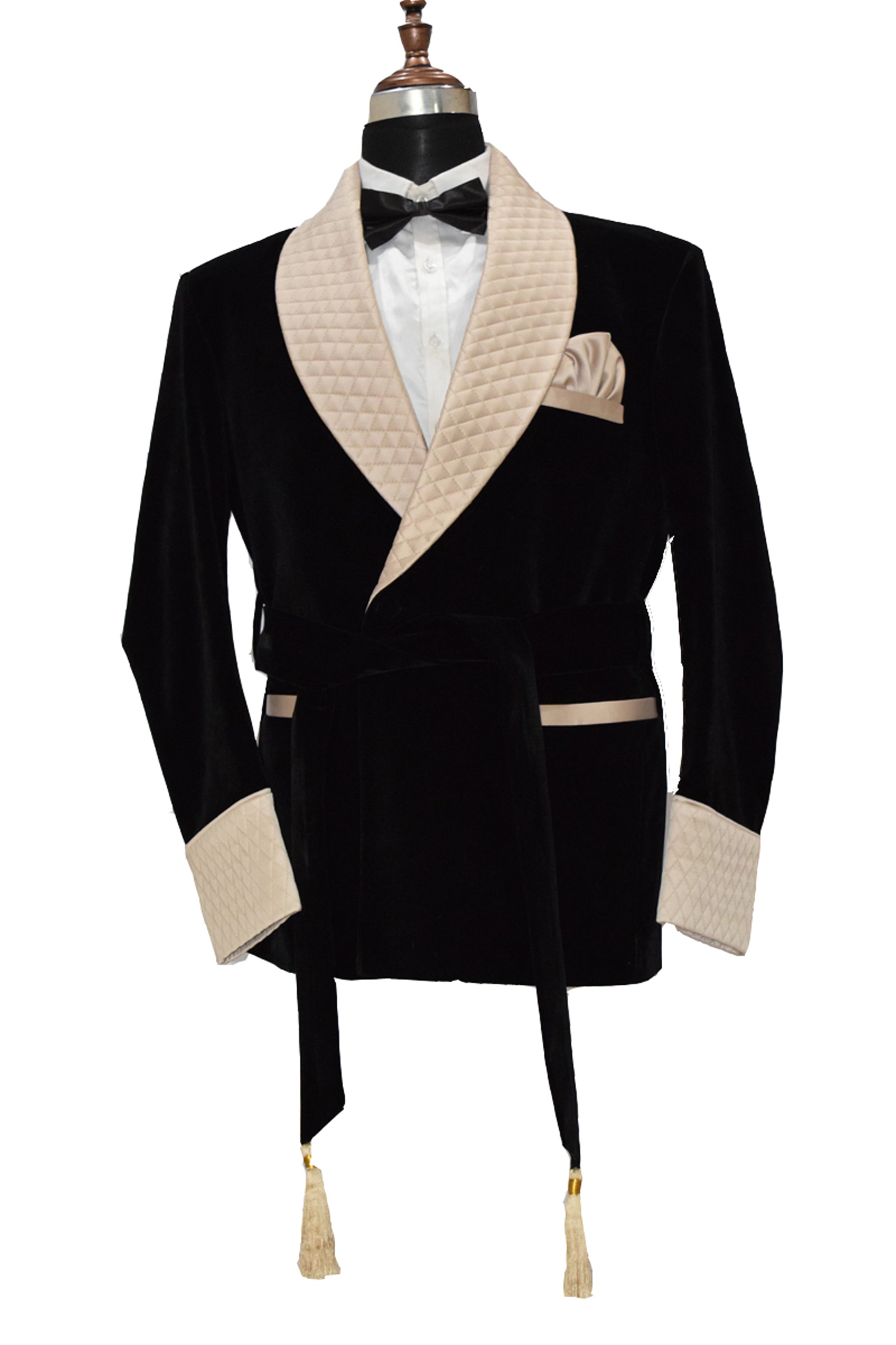 Men Black Velvet Smoking Jacket with Black Quilted Lapel, Cuffs and Belt