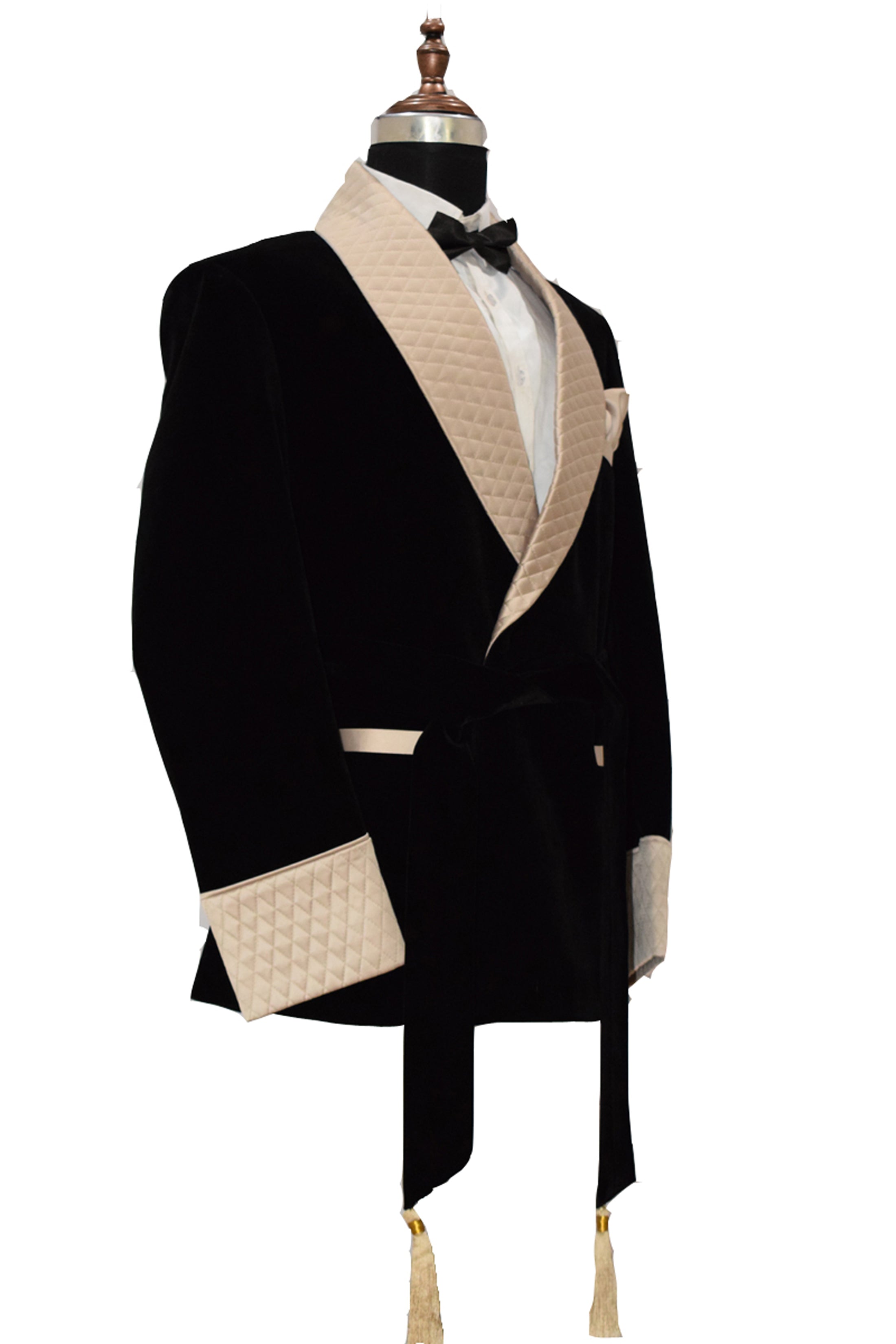 Men Black Velvet Smoking Jacket with Black Quilted Lapel, Cuffs and Belt