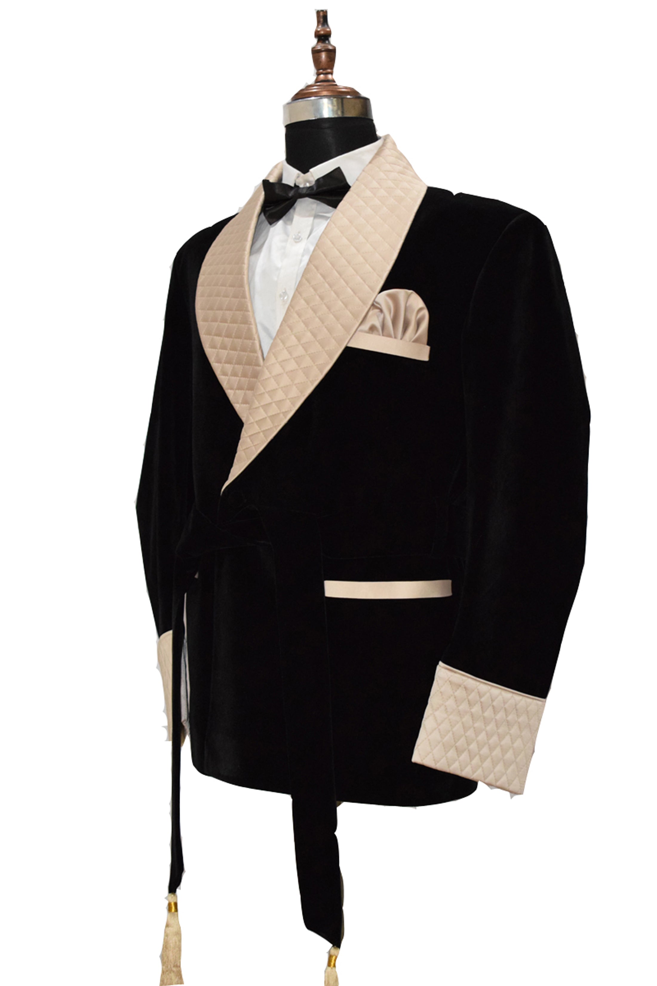 Men Black Velvet Smoking Jacket with Black Quilted Lapel, Cuffs and Belt