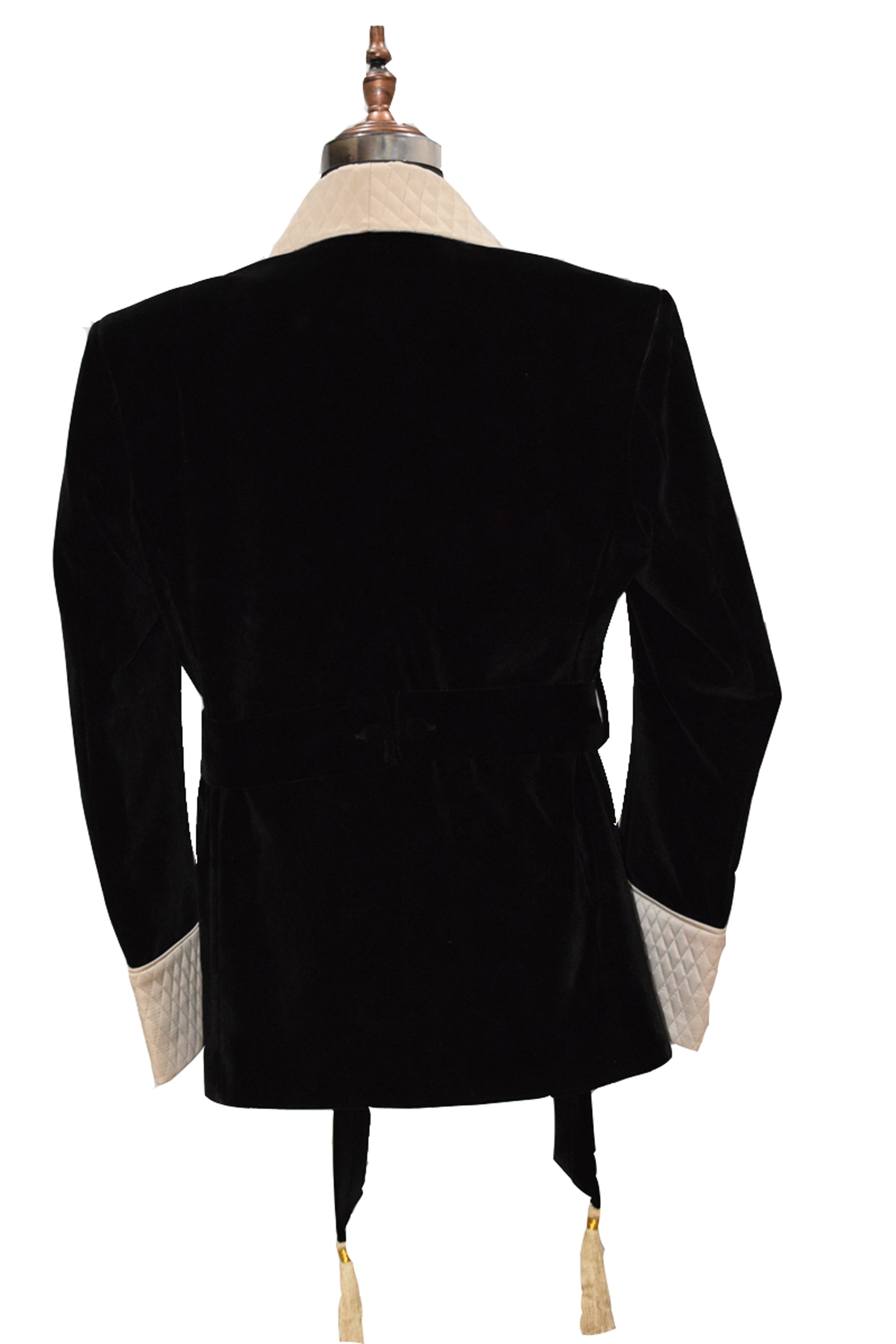 Men Black Velvet Smoking Jacket with Black Quilted Lapel, Cuffs and Belt
