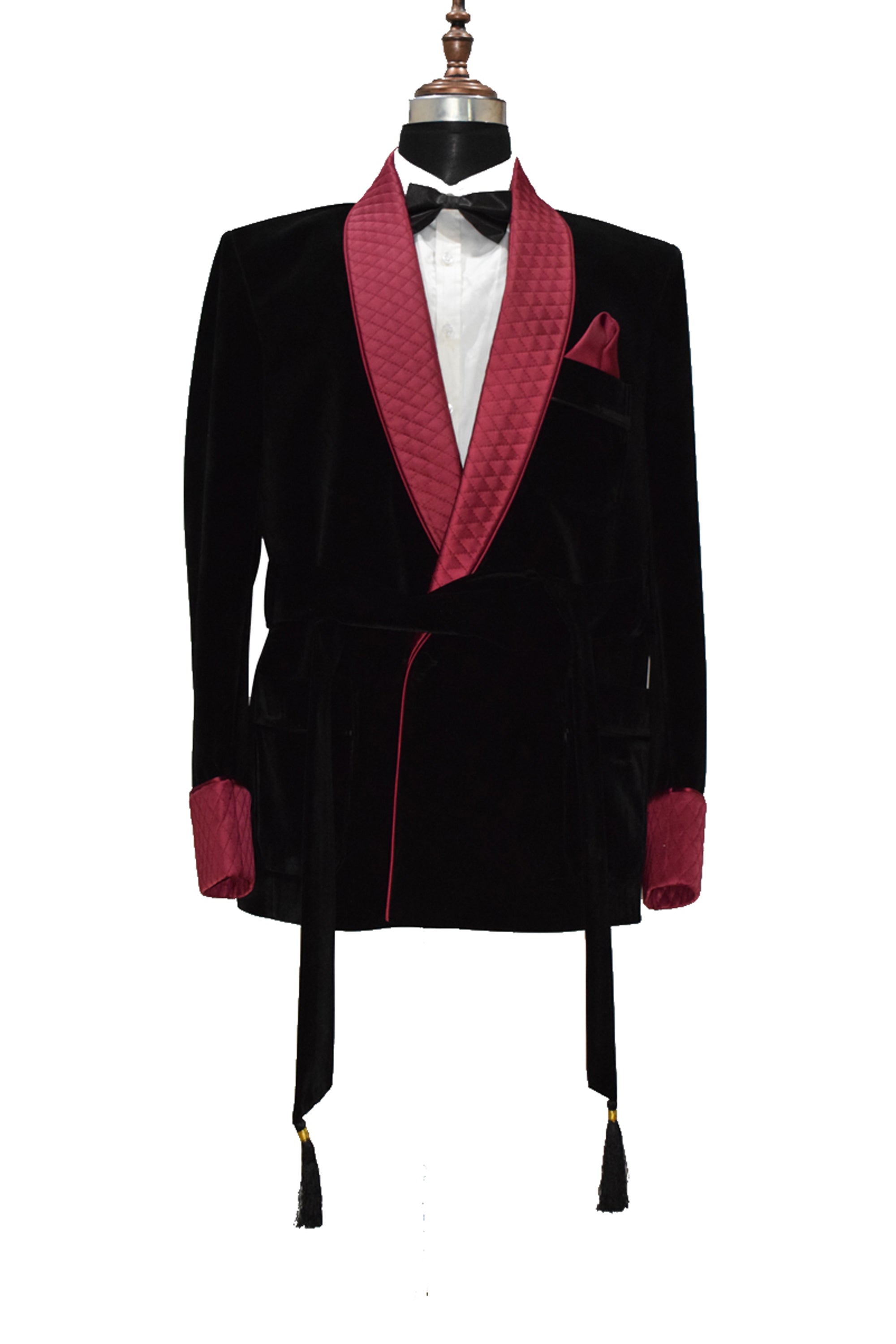 Men Black Velvet Smoking Jacket with Black Quilted Lapel, Cuffs and Belt